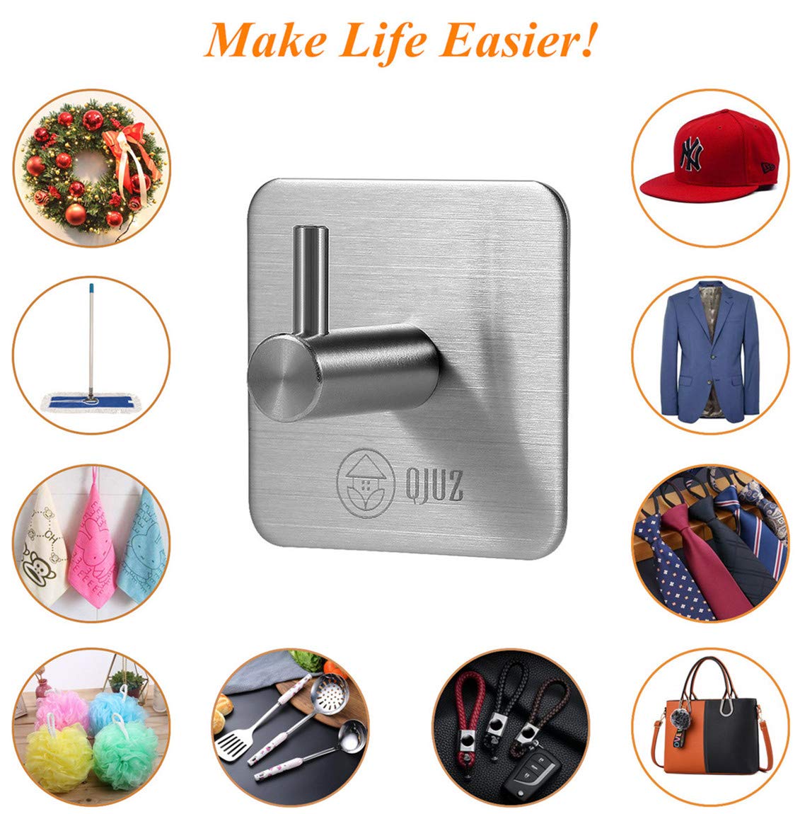 QJUZ Heavy Duty Adhesive Hooks - 4 Pack Stainless Steel Wall Hooks for Bathroom, Shower, Kitchen & Office - Perfect for Hanging Towels, Robes, Clothes, Bags, Keys & Kitchen Utensils - Strong & Rustproof SUS304 Steel for Home Organization & Space Saving