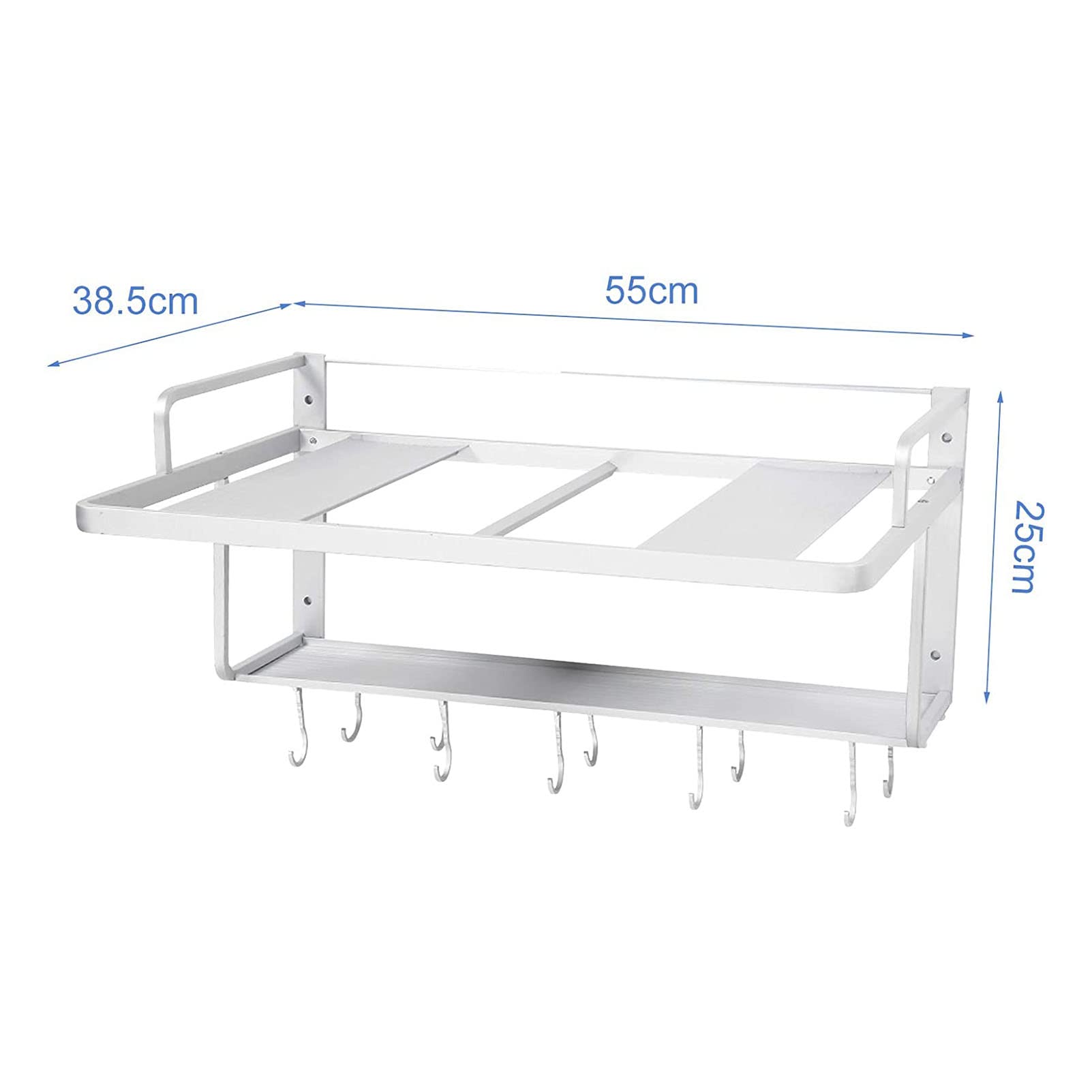 Double Layer Microwave Shelf - Wall Mounted Kitchen Storage Organizer with 10 Hooks for Pans, Pots, Knives & Spoons | Space Saving Kitchen Rack for Small Kitchens & Apartments