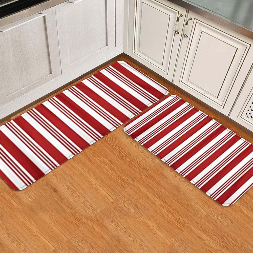 2-Piece Christmas Kitchen Rugs and Mats Set - Abstract Red & White Striped Candy Cane Pattern, Cushioned Anti-Fatigue, Waterproof Non-Slip Standing Runner - Perfect for Holiday Decor, Cooking Comfort & Kitchen Floor Protection