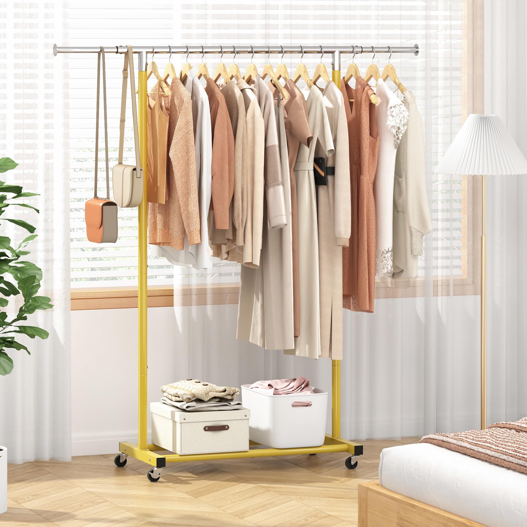 JIUYOTREE Adjustable Rolling Clothes Rack with Shelf - Mobile Garment Organizer with Wheels for Hanging Clothes, Shirts, Pants, Skirts & Bags (Gold) - Perfect for Bedroom, Closet Organization, Laundry Room & Retail Stores