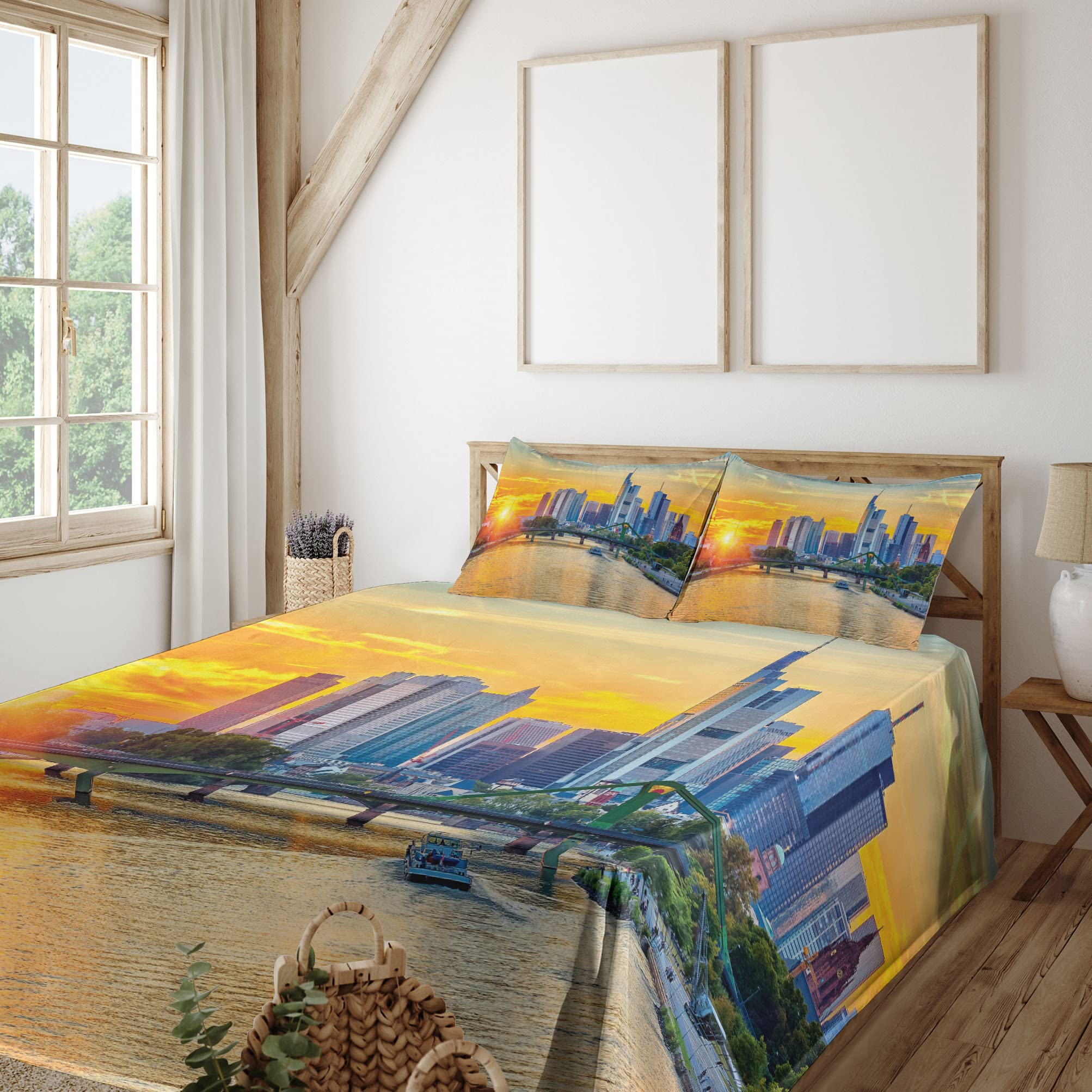 Ambesonne Scenery Sheet Set - Frankfurt Sunset Architecture Landmark Skyscraper Vibrant Colors Waterfront - 4 Piece King Size Bedding Set with Fitted Sheet, Flat Sheet & Pillowcases - Marigold & Blue - Perfect for Modern Bedrooms, Guest Rooms & Vacation Homes