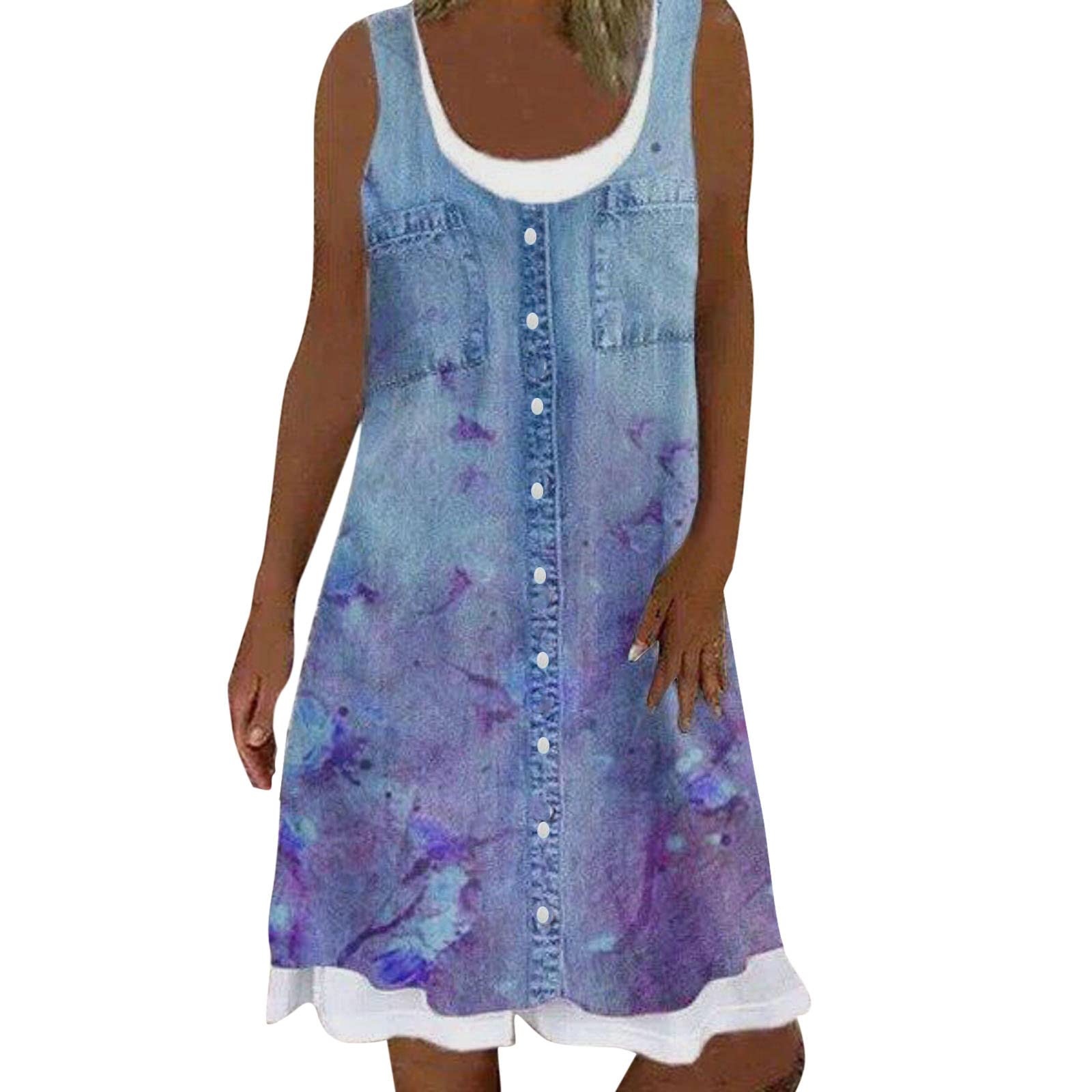 Women's Floral Print Sleeveless Denim-Look Mini Dress - Casual Loose Fit Beach Sundress for Summer Vacation, Pool Party & Outdoor Date Night