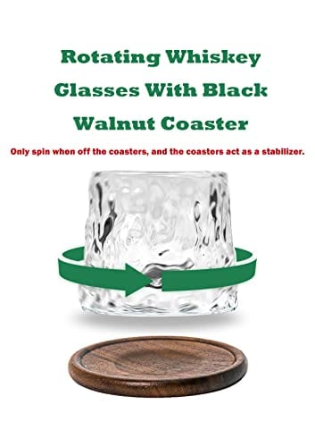 Premium 3-Piece Rotating Whiskey Glass Set with Black Walnut Coasters - 160ml Crystal Glasses, Unique Spinning Base & Real Wood Coasters - Perfect for Bourbon Tasting, Home Bar Decor & Gift Giving