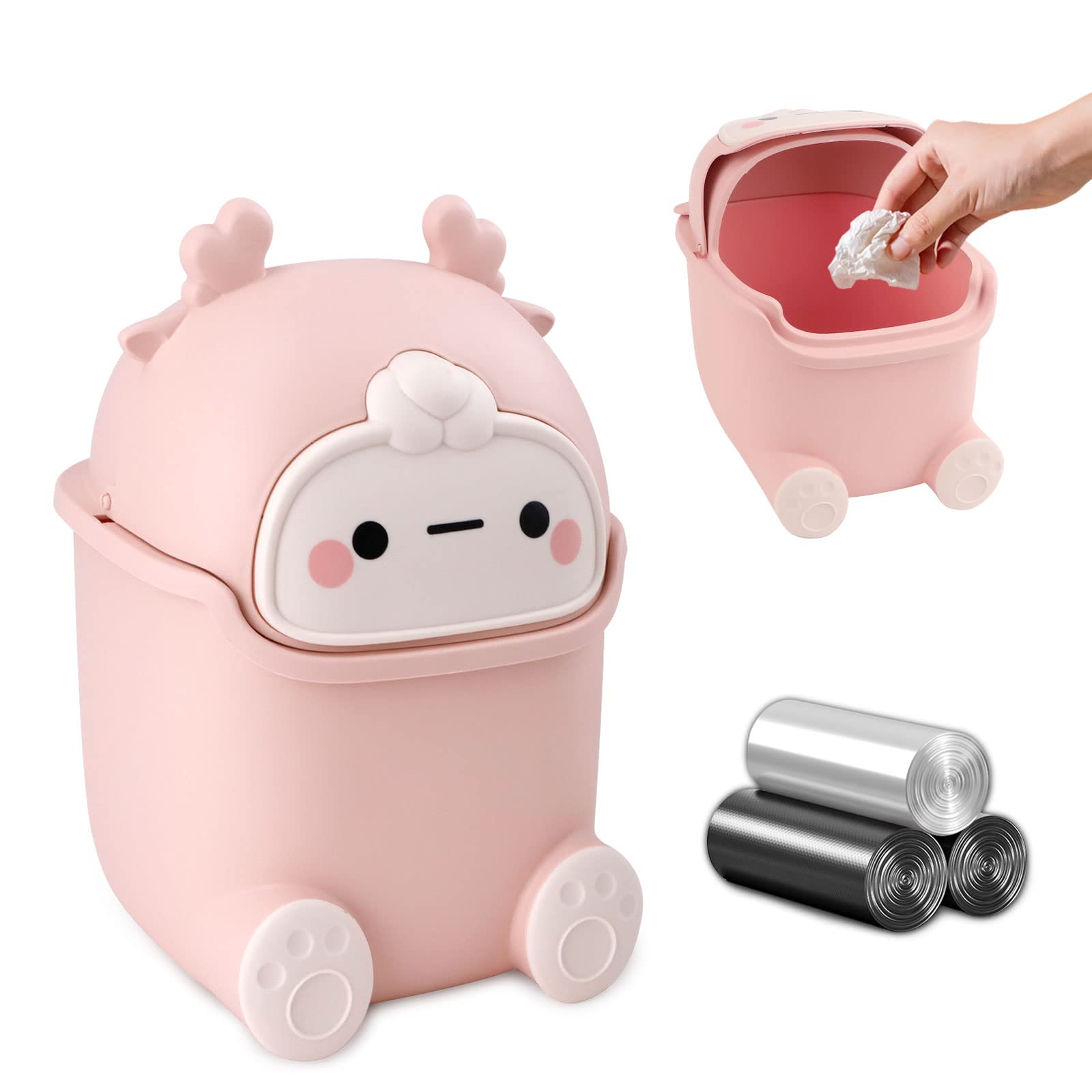 QLFJ-FurDec Small Wastebasket with Lid - Cute Mini Office Trash Can, 15.5 x 14 x 23.5cm Desk Dustbin with 3 Rolls Bin Liners, Cartoon Design for Home, Bedroom, Vanity Tabletop & Office Use (Pink) - Perfect for Small Spaces, Makeup Stations & Workspaces