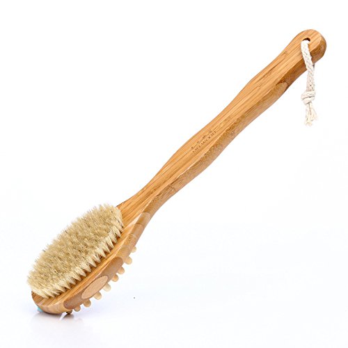 100% Natural Boar Bristle Dry Body Brush for Exfoliation & Skin Renewal - Long Handle Wooden Back Scrub Brush for Shower, Spa & Lymphatic Massage - Remove Dead Skin Cells & Improve Circulation