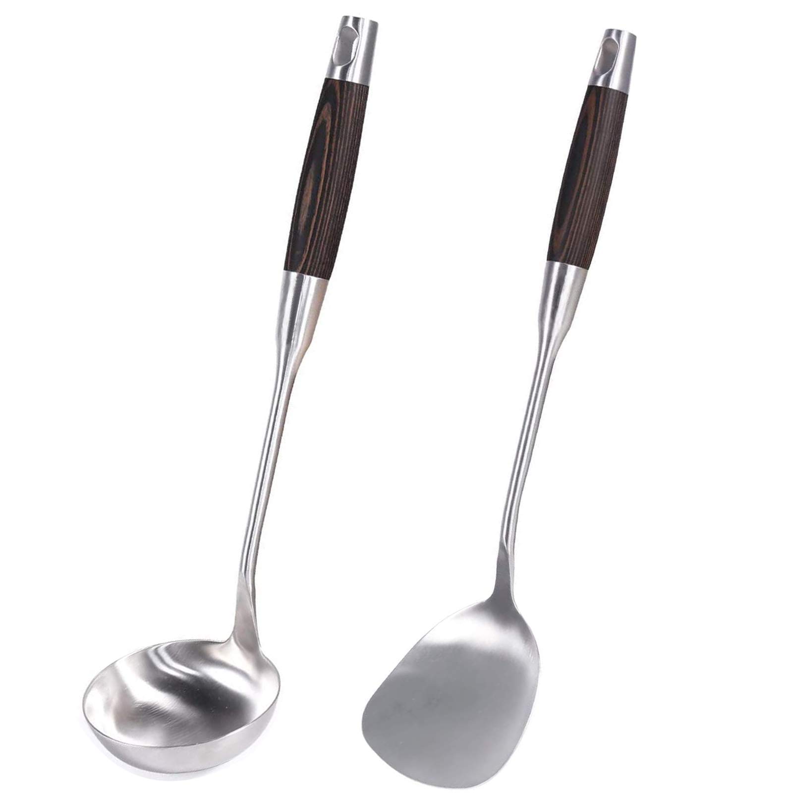 Premium 304 Stainless Steel Wok Spatula & Ladle Set with Long Wooden Handle - 14-15 Inch Heat-Resistant Cooking Utensils for Stir-Frying, Sauteing & Serving - Ideal for Asian Cuisine, Home Kitchens & Professional Chefs