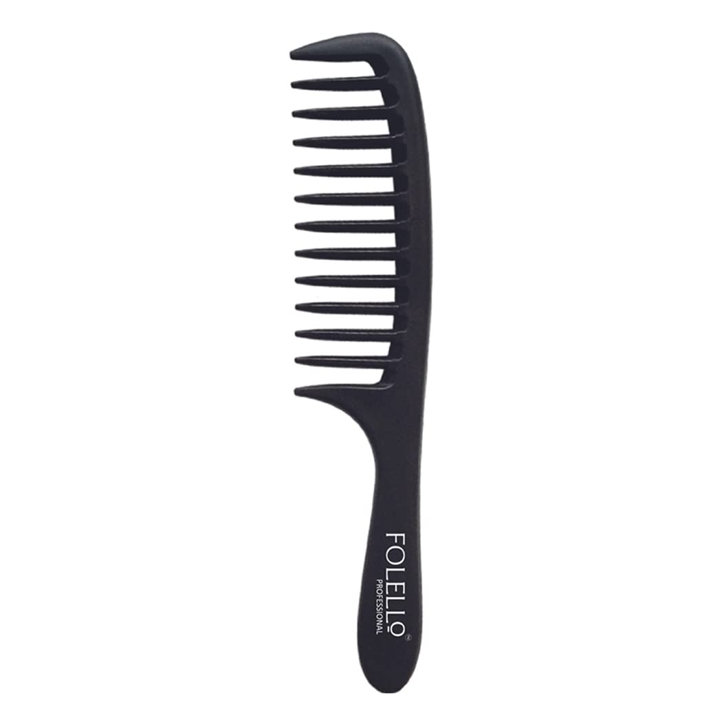 FOLELLO Professional Carbon Fiber Comb with Ergonomic Handle - Heat & Chemical Resistant Black Salon Comb for Styling - Round Tooth Design (205x43x7mm) - Perfect for Hairdressers, Barbers & Home Use