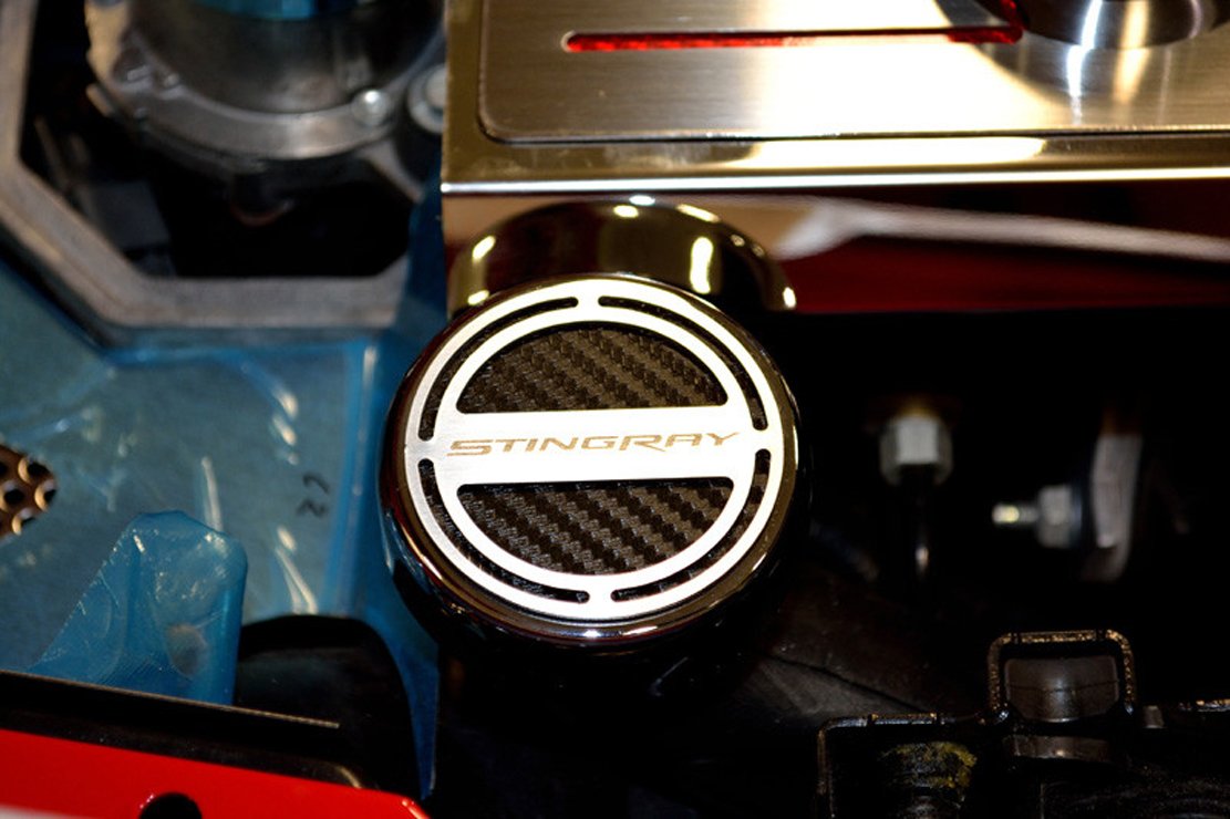 Black Carbon Fiber Fluid Cap Cover Set - 6pc for American Cars (Stingray Font) - Engine Protection & Style Upgrade