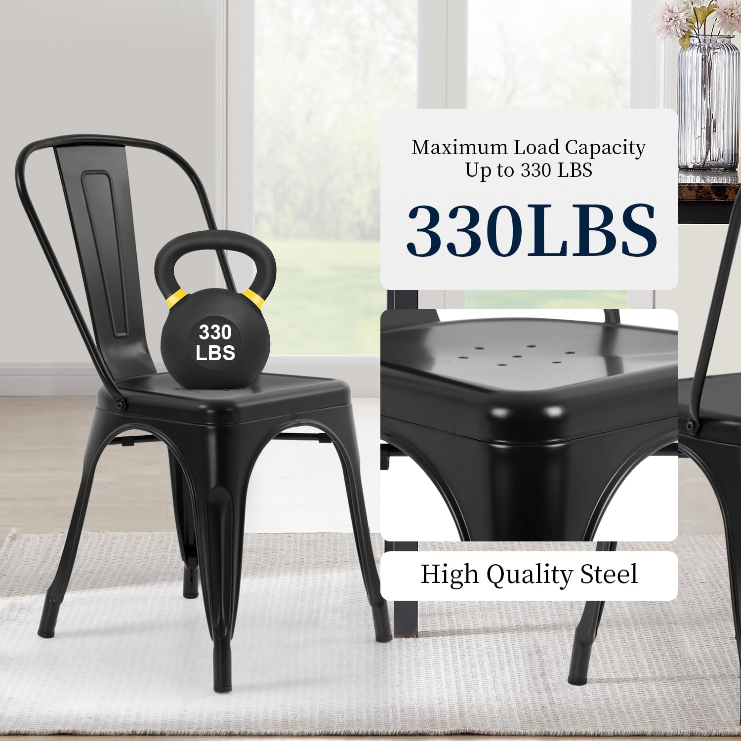 FDW Metal Dining Chairs Set of 4 - Indoor Outdoor Stackable Kitchen & Patio Chairs with 18 Inch Seat Height - 330LBS Weight Capacity - Perfect for Restaurants, Cafes, Bistros & Home Dining