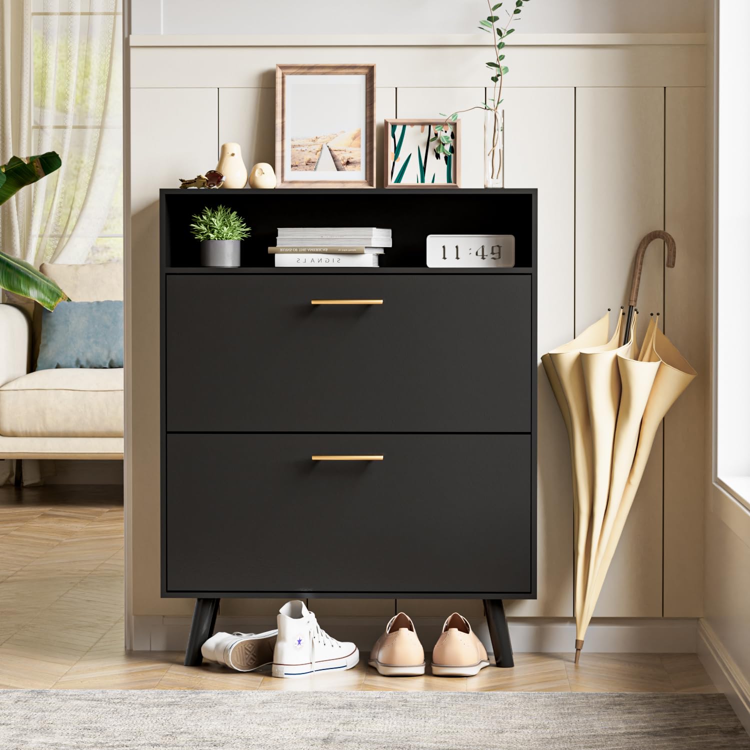 Wananlanen 2-Tier Flip-Door Shoe Cabinet with Open Shelves - Freestanding Narrow Shoe Storage Organizer for Entryway, Hallway & Closet - Black Shoe Rack for Sneakers, Boots & Home Organization