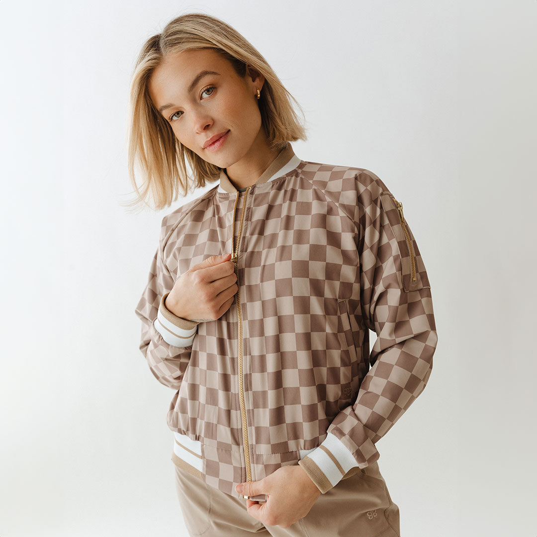 Stylish Brown Checkers Bomber Jacket for Men & Women | Vintage Inspired Lightweight Jacket for Casual Wear & Street Fashion