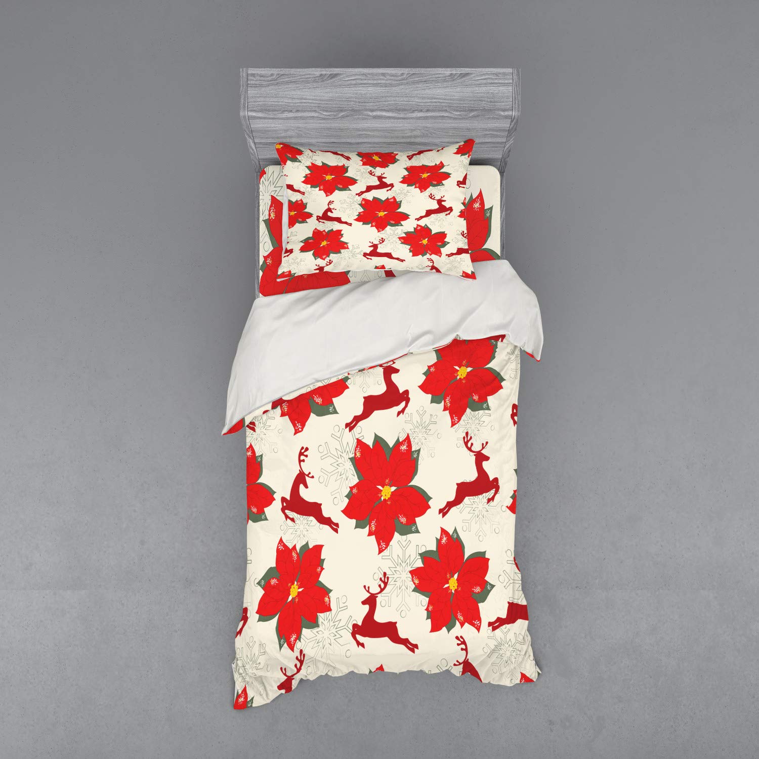 Ambesonne Christmas Duvet Cover Set - Vibrant Poinsettia Flowers with Reindeers & Snowflakes - 3 Piece Bedding Set with Pillow Sham & Fitted Sheet - Twin Size Scarlet Ruby Beige - Holiday Home Decor for Bedroom & Guest Room