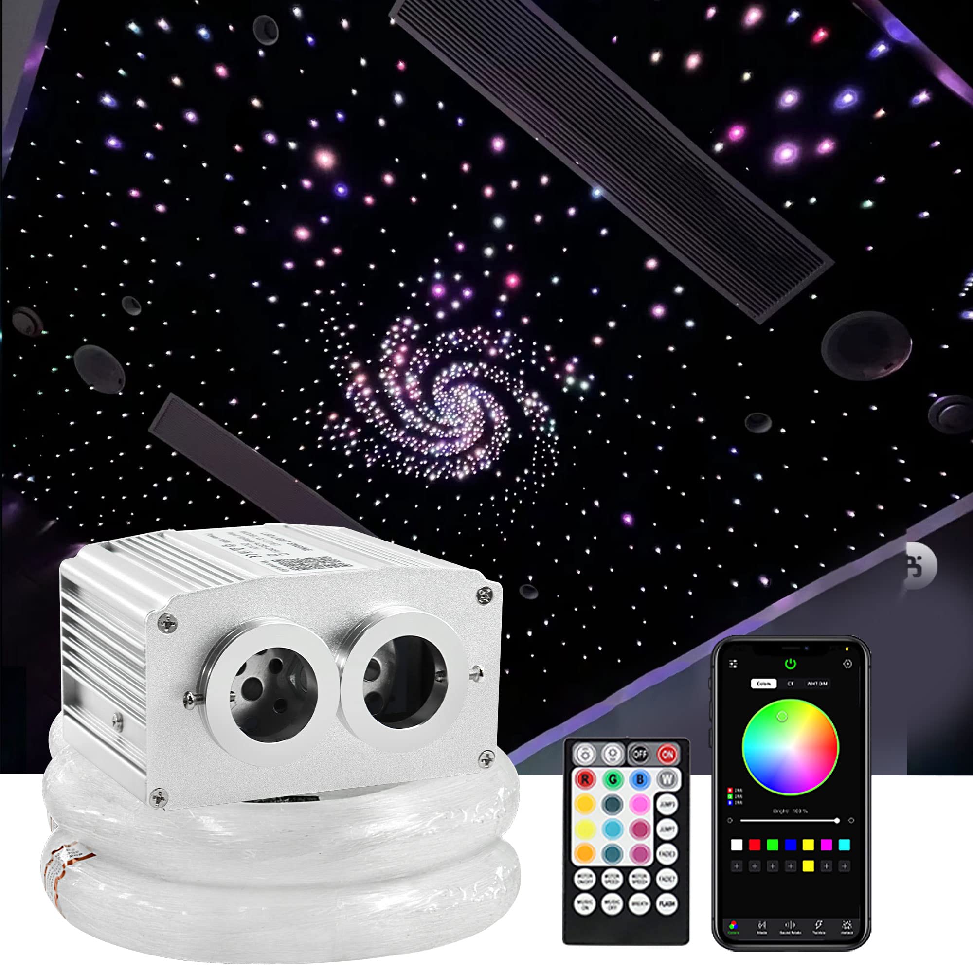 Starlight Headliner Kit - 16W Dual Port LED Fiber Optic Star Ceiling Lights with 900pcs (0.03in+0.04in+0.06in) Twinkle Stars & 13.1ft Cable - APP/Remote Control for Cars, Bedrooms & Home Decor | Perfect for Romantic Nights & Custom Ambience