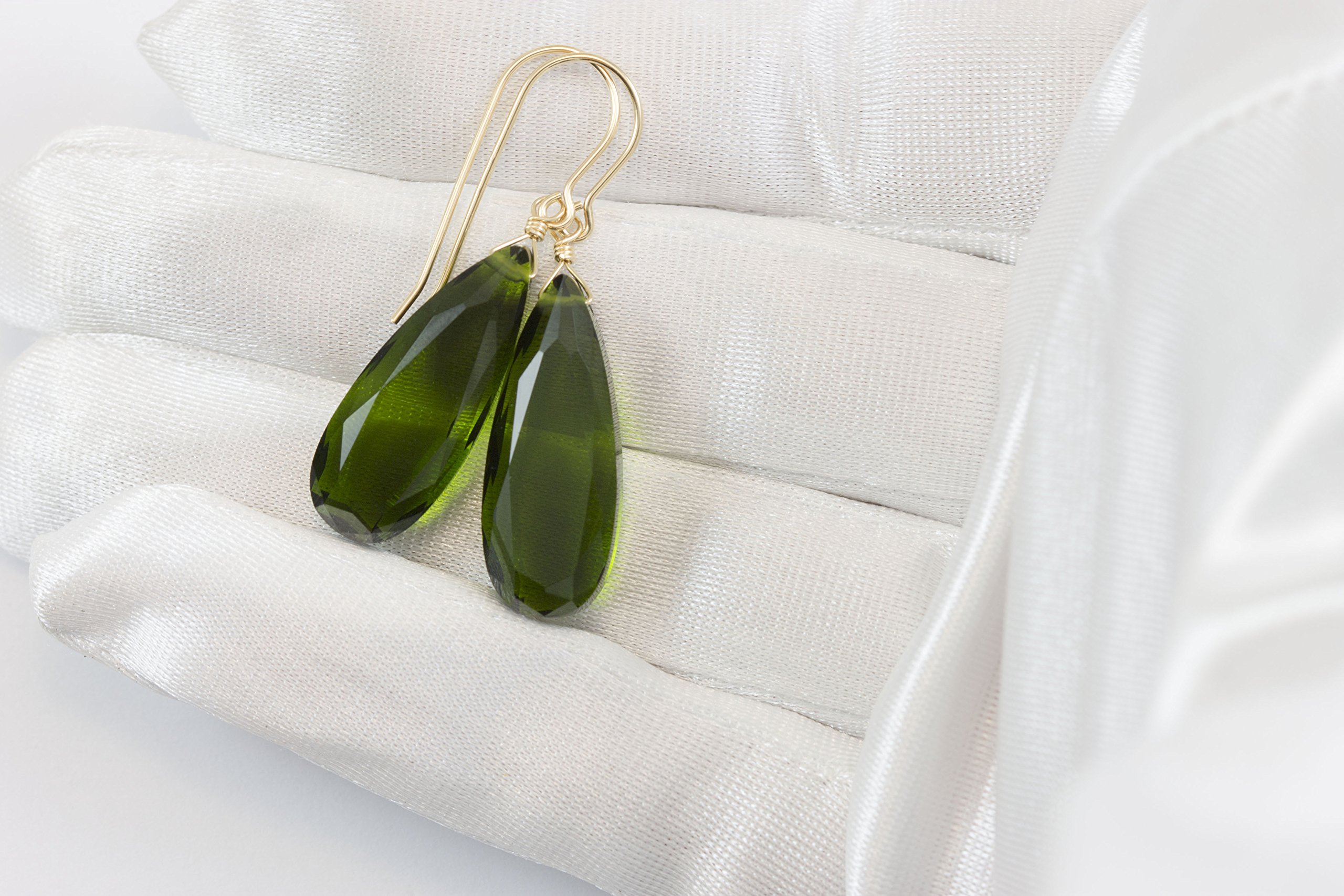 Green Olive Simulated Quartz Earrings - Faceted Teardrop Dangle Earrings 1.7