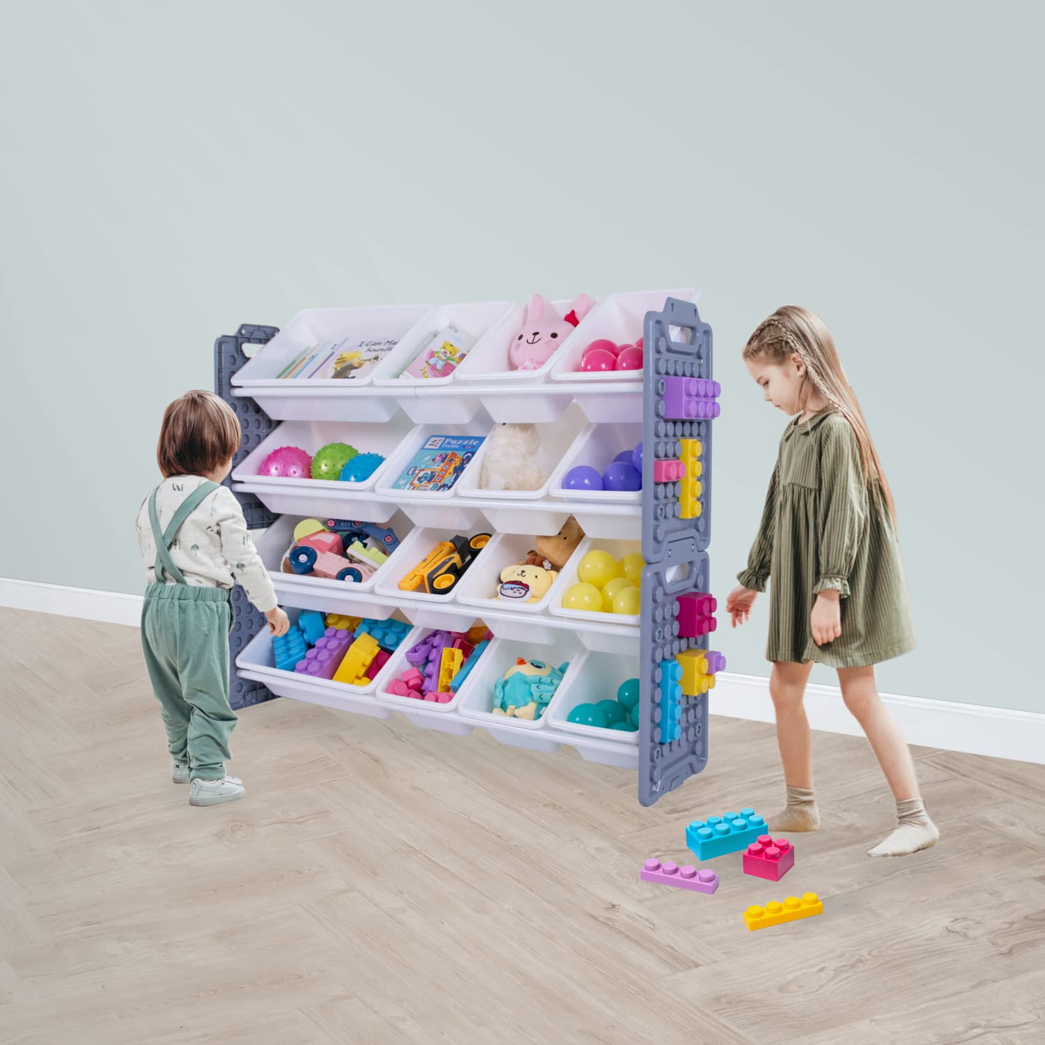 UNiPLAY 16-Bin Toy Storage Organizer with Removable Bins - Gray Kids Toy Organizer for Books, Building Blocks, School Supplies | Perfect for Playrooms, Classrooms & Daycare Centers