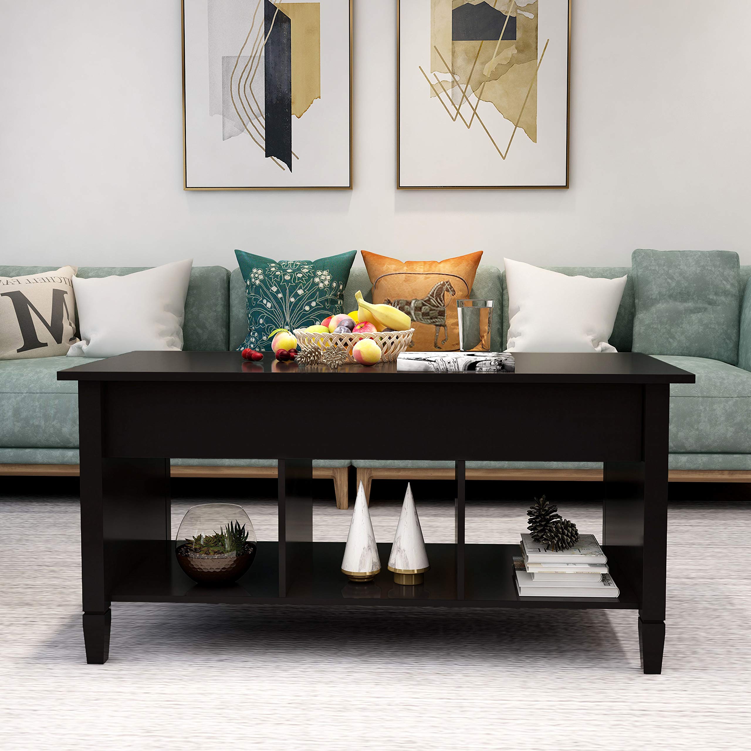 Modern Lift Top Coffee Table with Storage - Solid Wood Convertible Hidden Desk & 3 Open Shelves - Space-Saving Living Room Furniture for Small Apartments, Home Office & Reception Areas (Black)