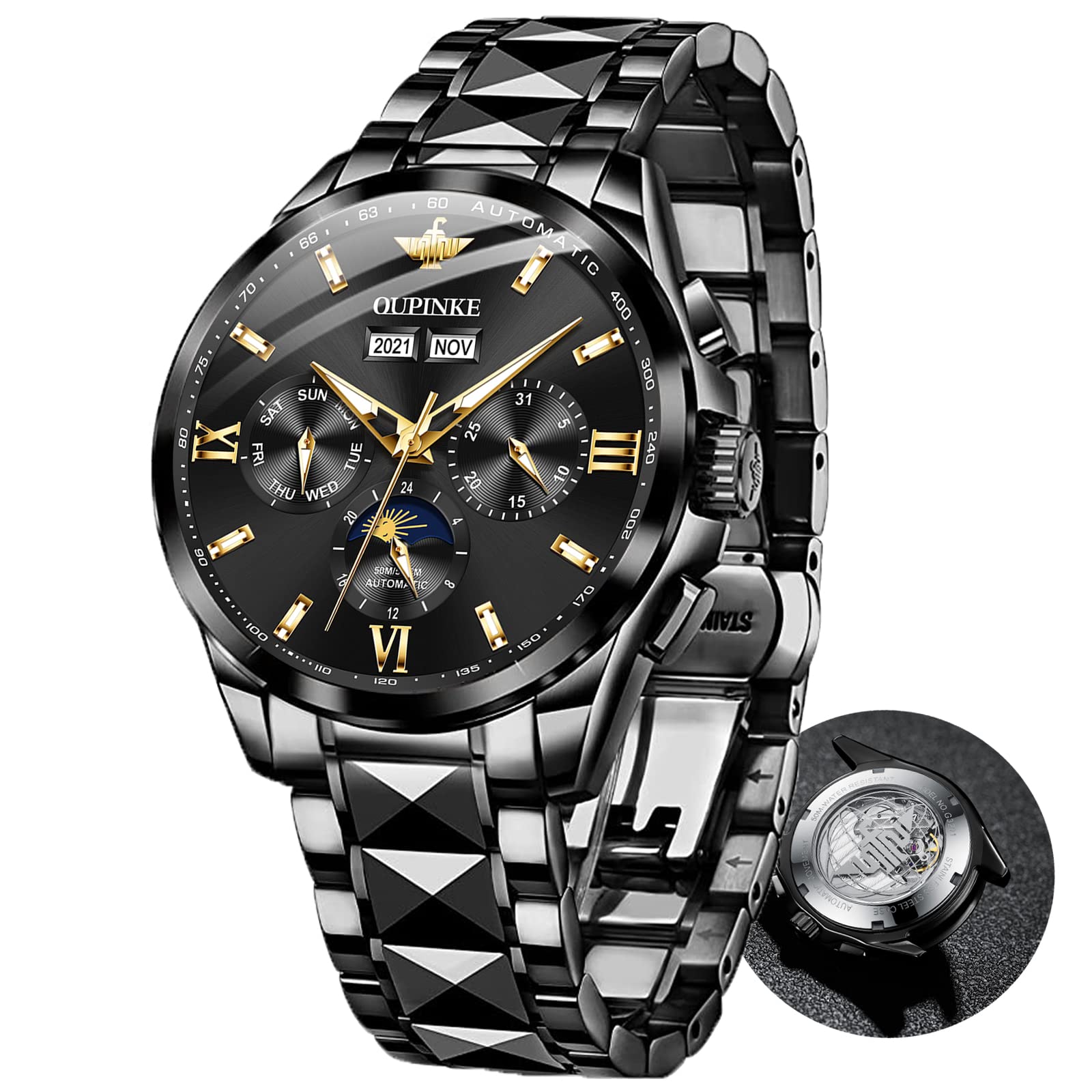 Premium Automatic Skeleton Watches for Men - Self-Winding Mechanical Watch with Day Date & Luminous Hands - Waterproof Tungsten Steel Dress Watch for Business, Formal & Casual Wear