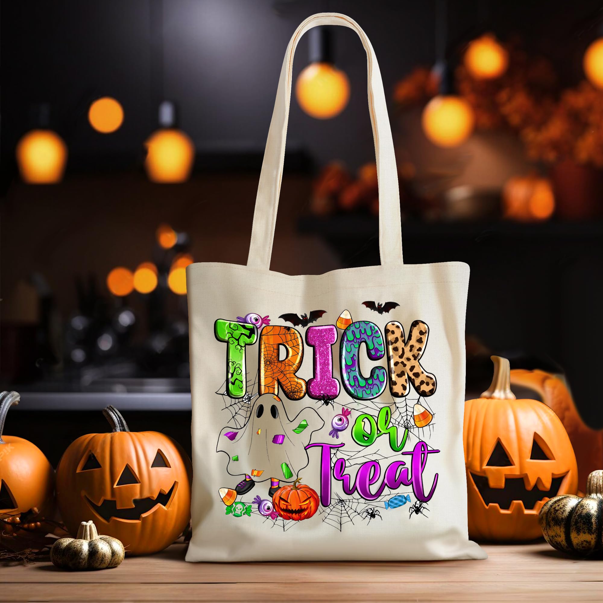 Halloween Candy Bags for Trick or Treating - 13 Inch Reusable Canvas Treat Bags for Kids - Perfect for Halloween Parties, School Events and Neighborhood Trick-or-Treating