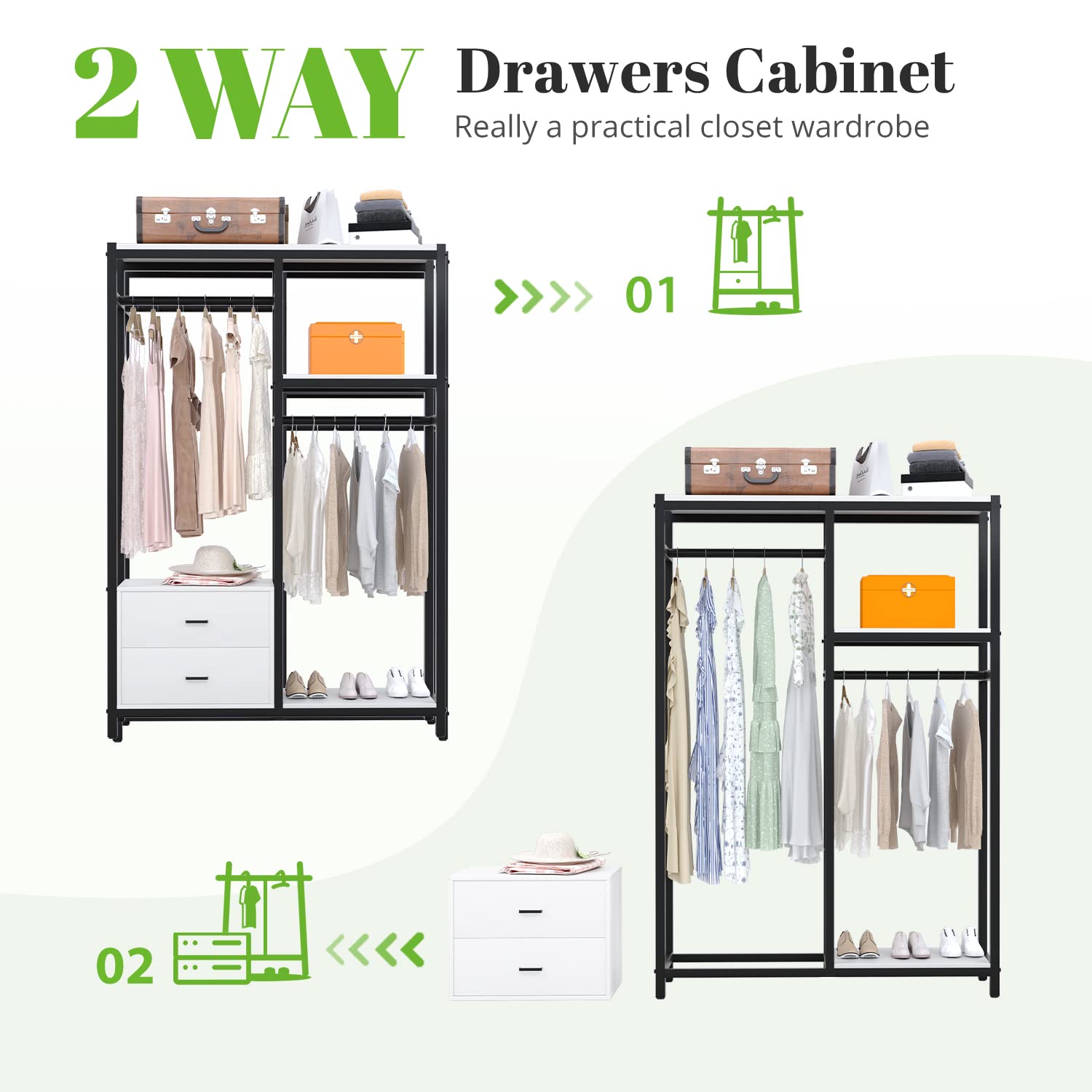 HOKEEPER 650lbs Heavy Duty Metal Wardrobe - Freestanding Closet Organizer with Drawers & Shelves for Bedroom Storage