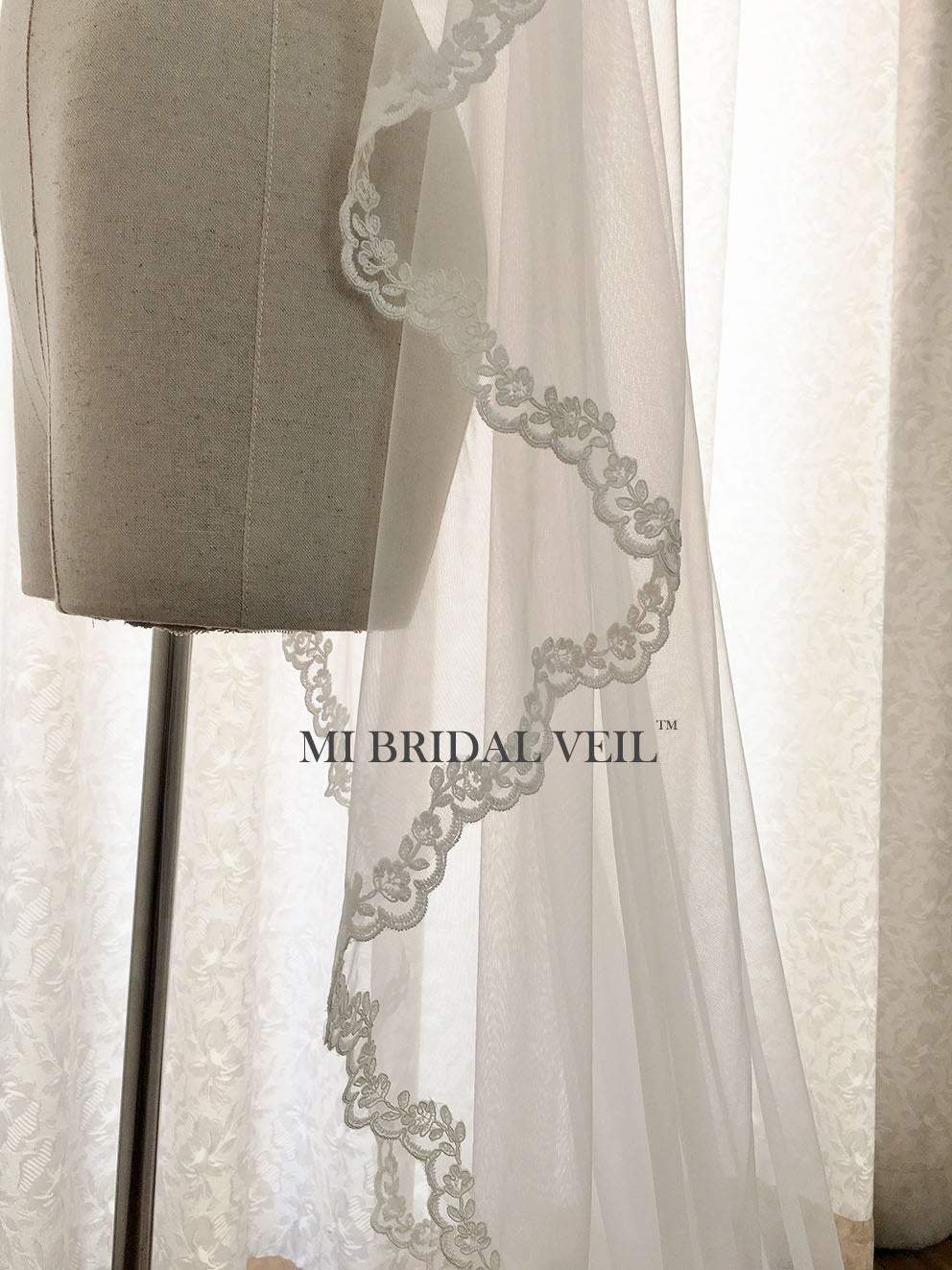 Elegant Mantilla Veil with Cathedral Lace for Wedding | Rose Lace Bridal Veil by Mi Bridal | Perfect for Church Ceremonies & Romantic Weddings