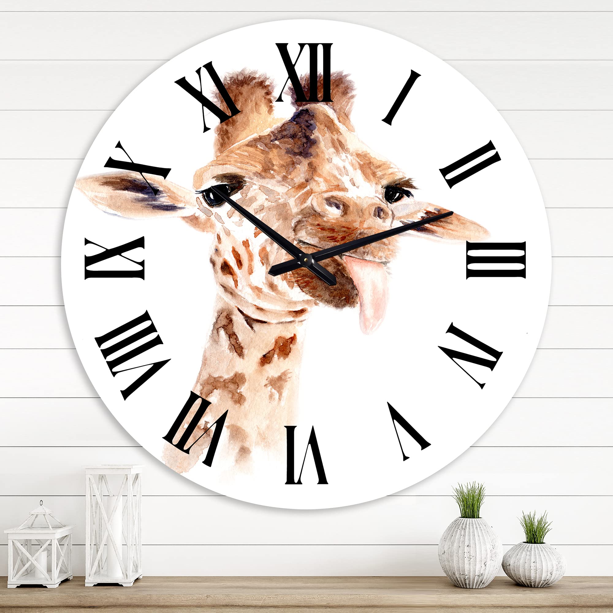 DesignQ Farmhouse Wall Clock 'Portrait of A Giraffe VIII' - Large Animal Wall Clock for Living Room, Kitchen, Bedroom Decor - Rustic Home & Office Wall Art