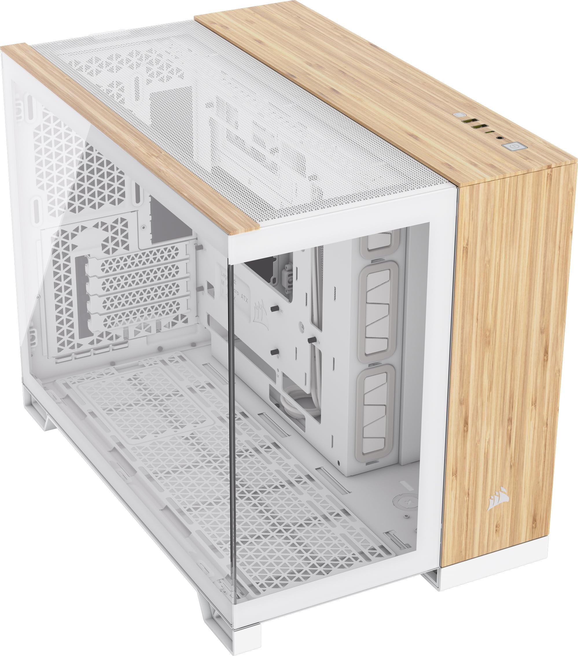 CORSAIR 2500X mATX PC Case - Dual Chamber Design, Panoramic Tempered Glass, Reverse Motherboard Compatibility - White/Bamboo Wood - Perfect for Compact Gaming Rigs & Home Office Setups