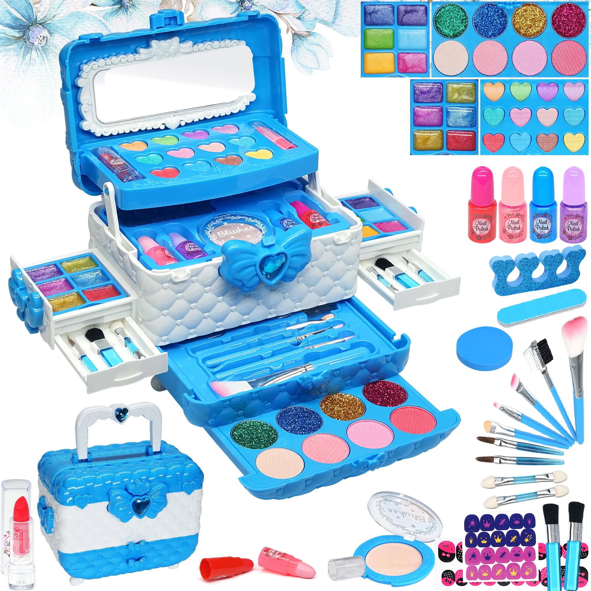 **Safe & Washable Kids Makeup Kit for Girls Ages 5-7 - Princess Birthday Gift Set with Real Cosmetic Toys (Blue) | Perfect for Dress-Up, Pretend Play & Birthday Parties**