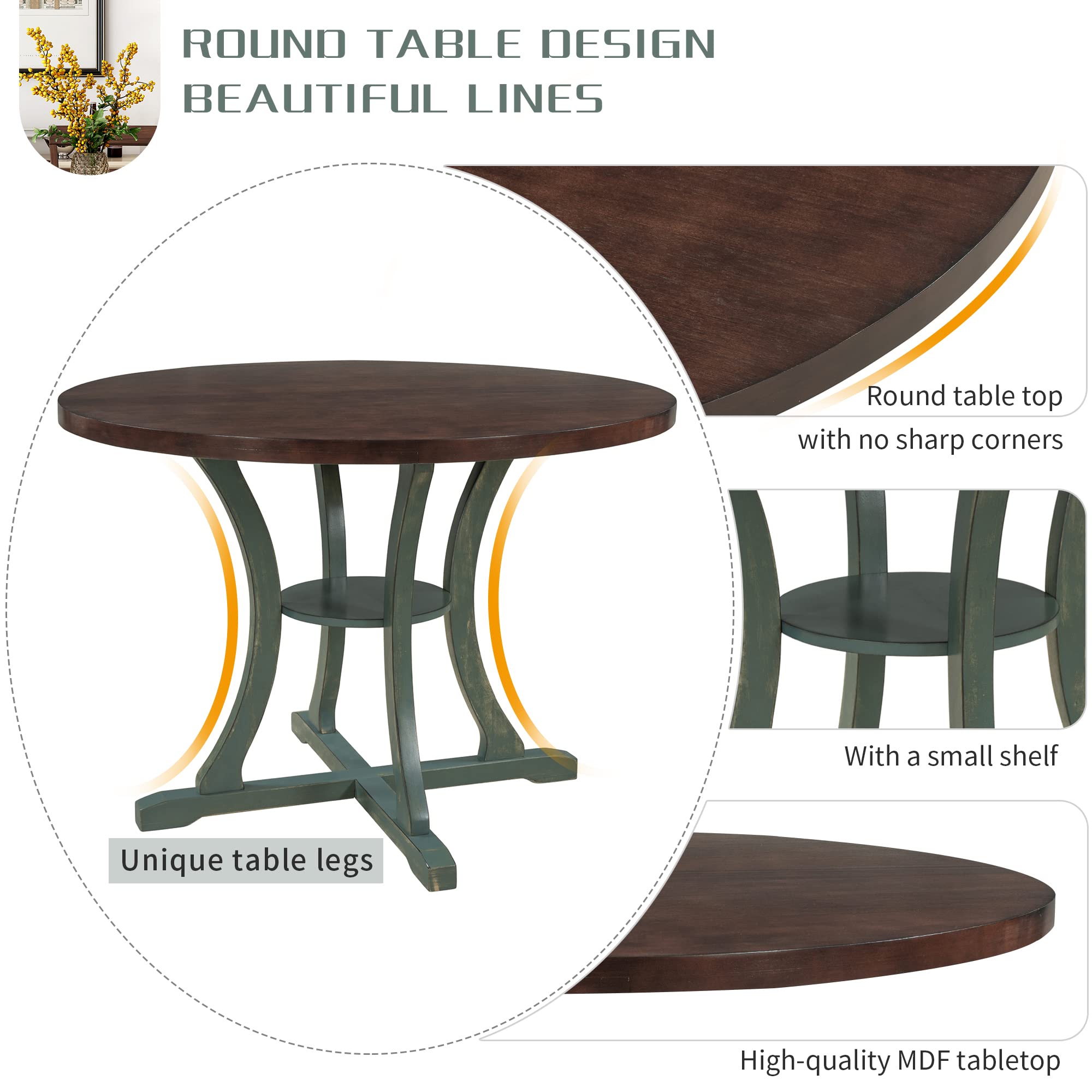 5-Piece Round Dining Table Set with Special Shaped Legs & 4 Upholstered Chairs - Farmhouse Kitchen Table in Antique Blue for Dining Room, Kitchen, Breakfast Nook | Perfect for Family Meals and Entertaining Guests