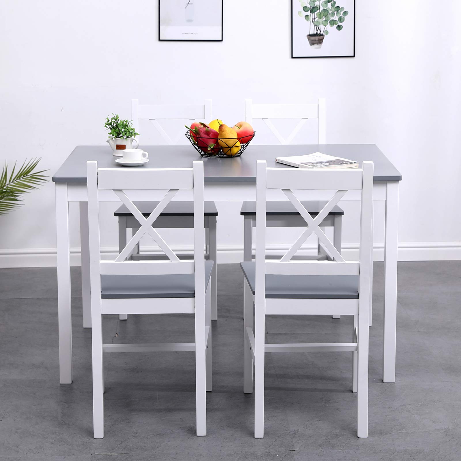 DlandHome 5-Piece Pine Wood Dining Table Set with 4 Chairs - Rustic Kitchen & Dining Room Furniture for Home, Office, or Small Space (BSB-023)
