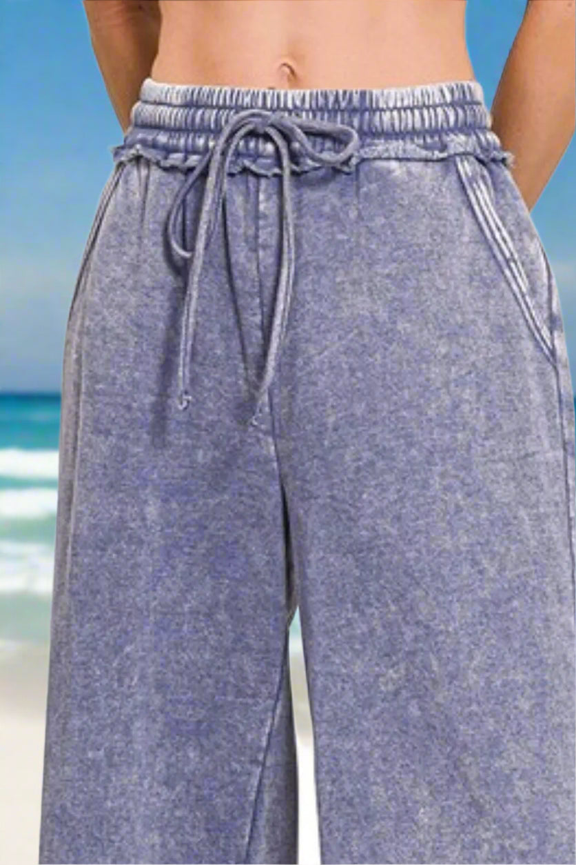 Acid Wash Fleece Palazzo Sweatpants with Pockets - Women's Comfortable Lounge Pants for Yoga, Travel & Home Wear