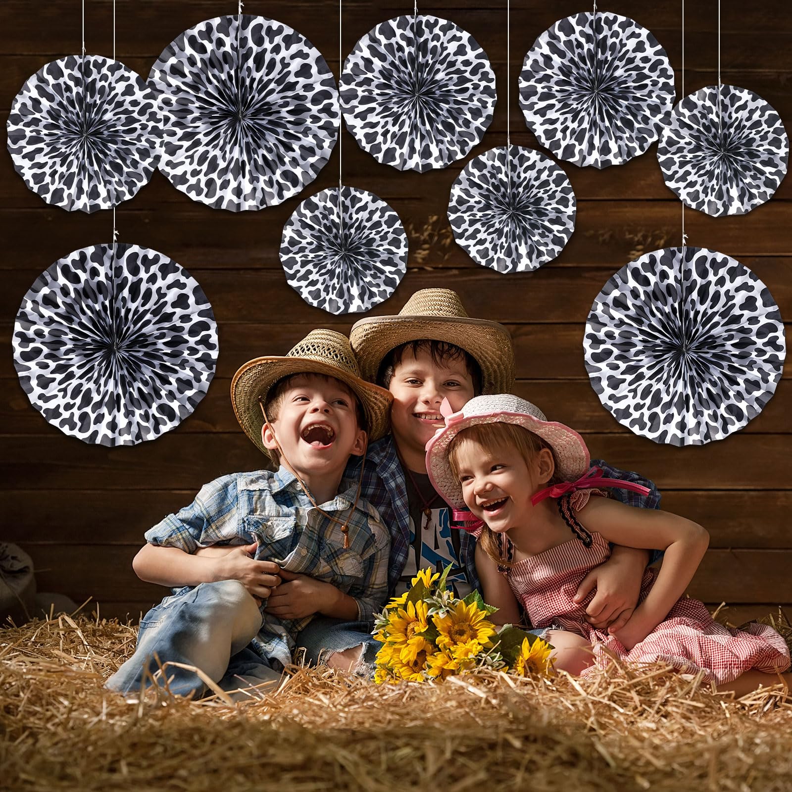 Outus 9-Piece Cow Print Paper Fans - Farm Animal Classroom Decor, Dalmatian Print Party Supplies for Western Birthday & Baby Shower (Black & White) | Perfect for Farm Theme Parties, School Events & Nursery Decorations