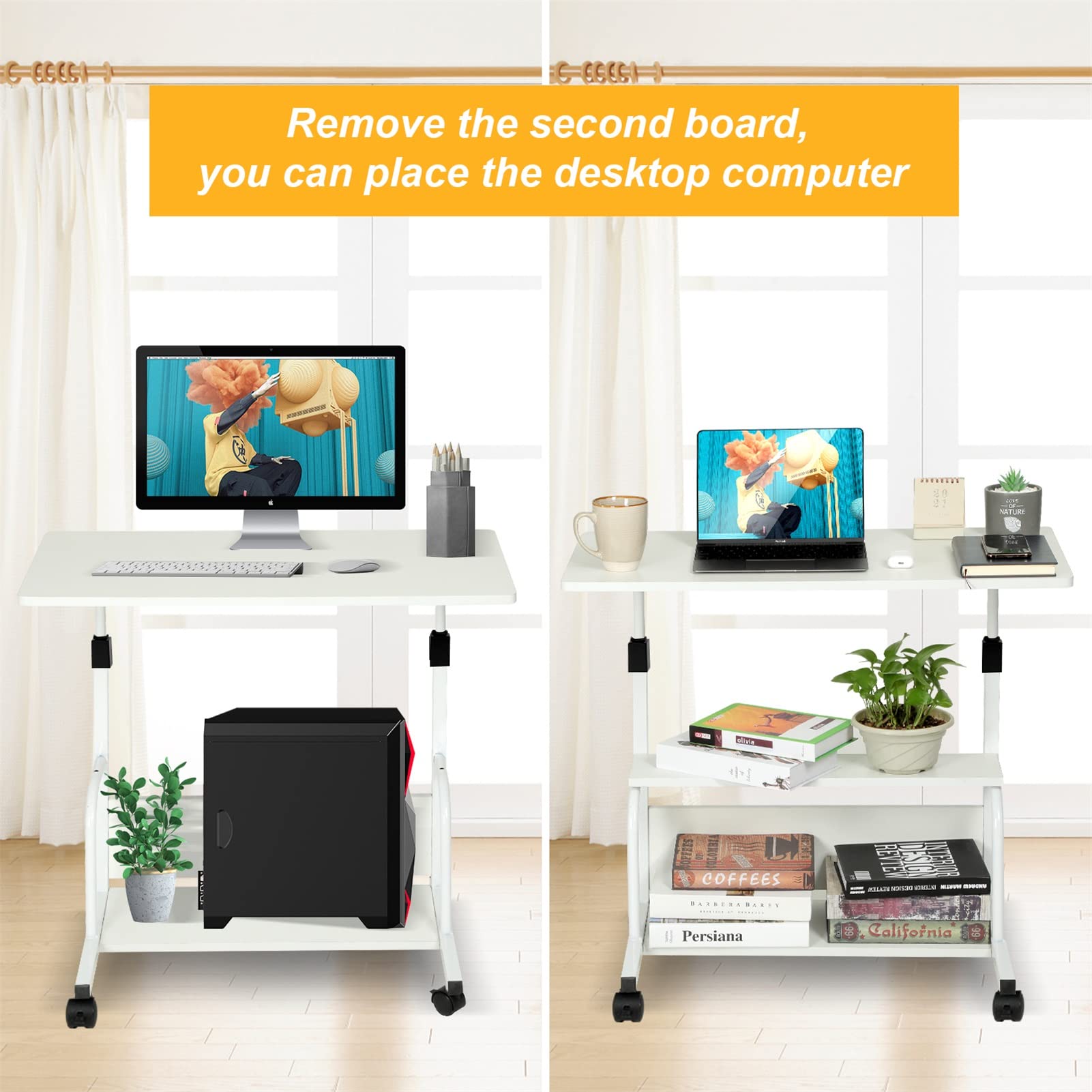 Portable Rolling Desk with Wheels, Adjustable Height for Home Office & Study - 32