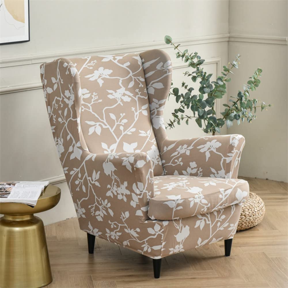 Floral Printed Wing Chair Cover - Stretch Spandex Armchair Slipcover | Nordic Style Removable Sofa Cover with Seat Cushion | A16 Wingchair Protector for Living Room, Bedroom & Office Decor