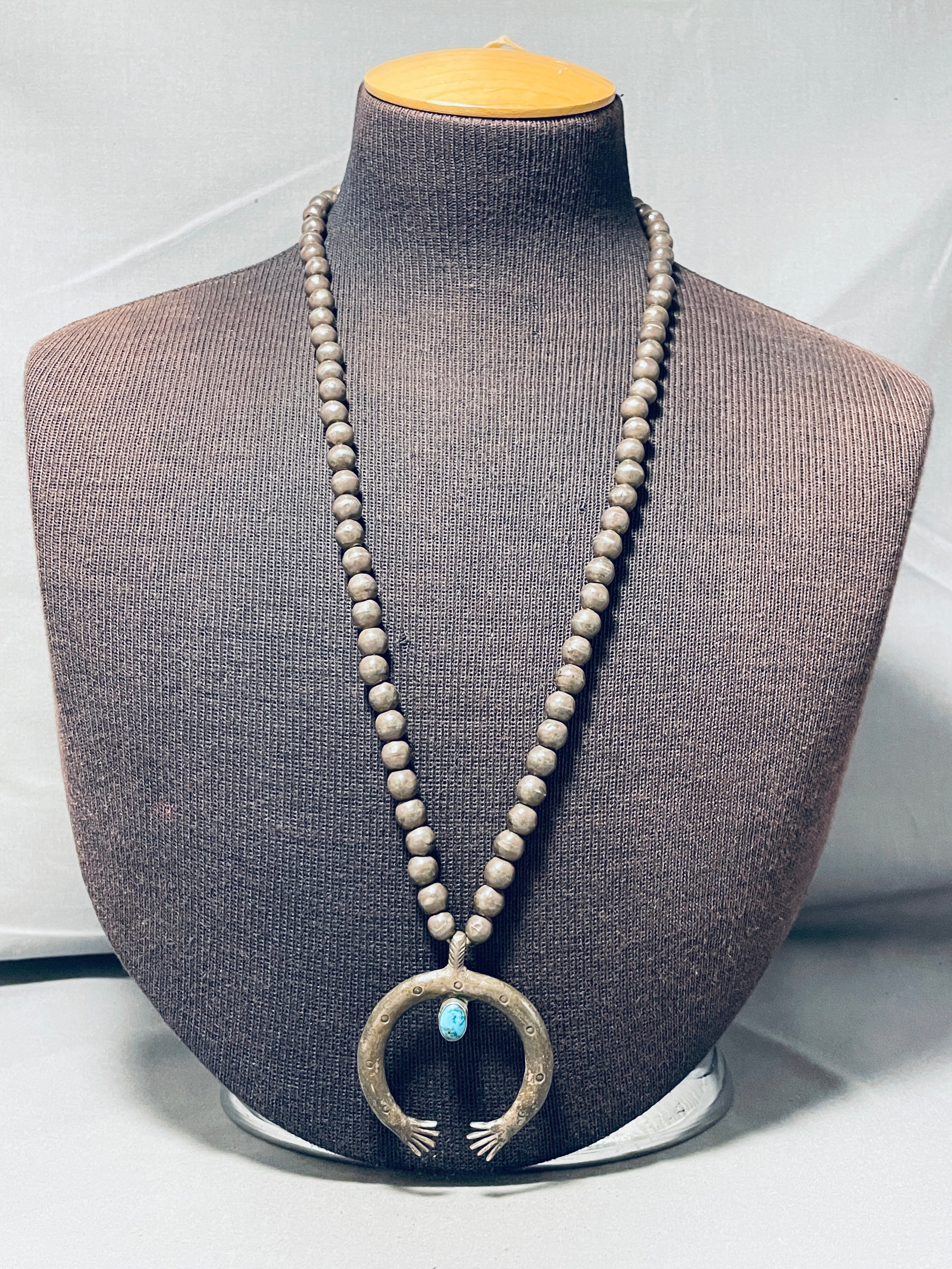 1920s Vintage Native American Navajo Turquoise Coin Silver Openwork Necklace - Authentic Southwest Jewelry for Boho Fashion & Special Occasions
