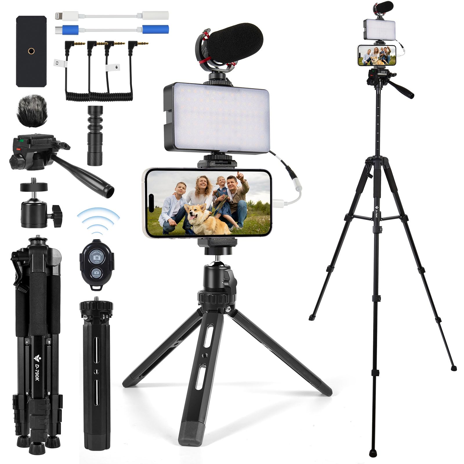 Professional Vlogging Kit for iPhone & Android - Full Size Tripod, Phone Stand, LED Light & Shotgun Mic - Perfect for YouTube, TikTok, Instagram Videos, Live Streaming & Video Calls