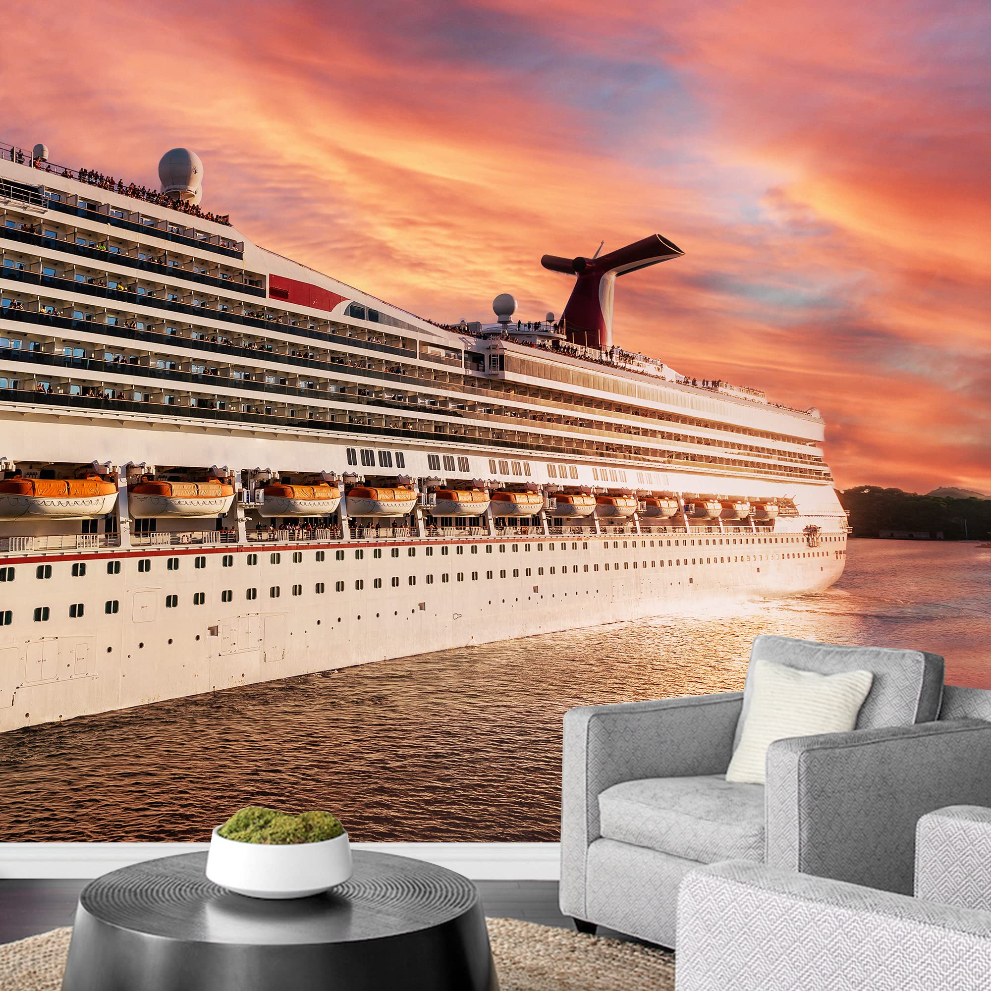 Wall26 Removable Wall Sticker - Pastel Sunset Cruise Ship Ocean Mural, 66