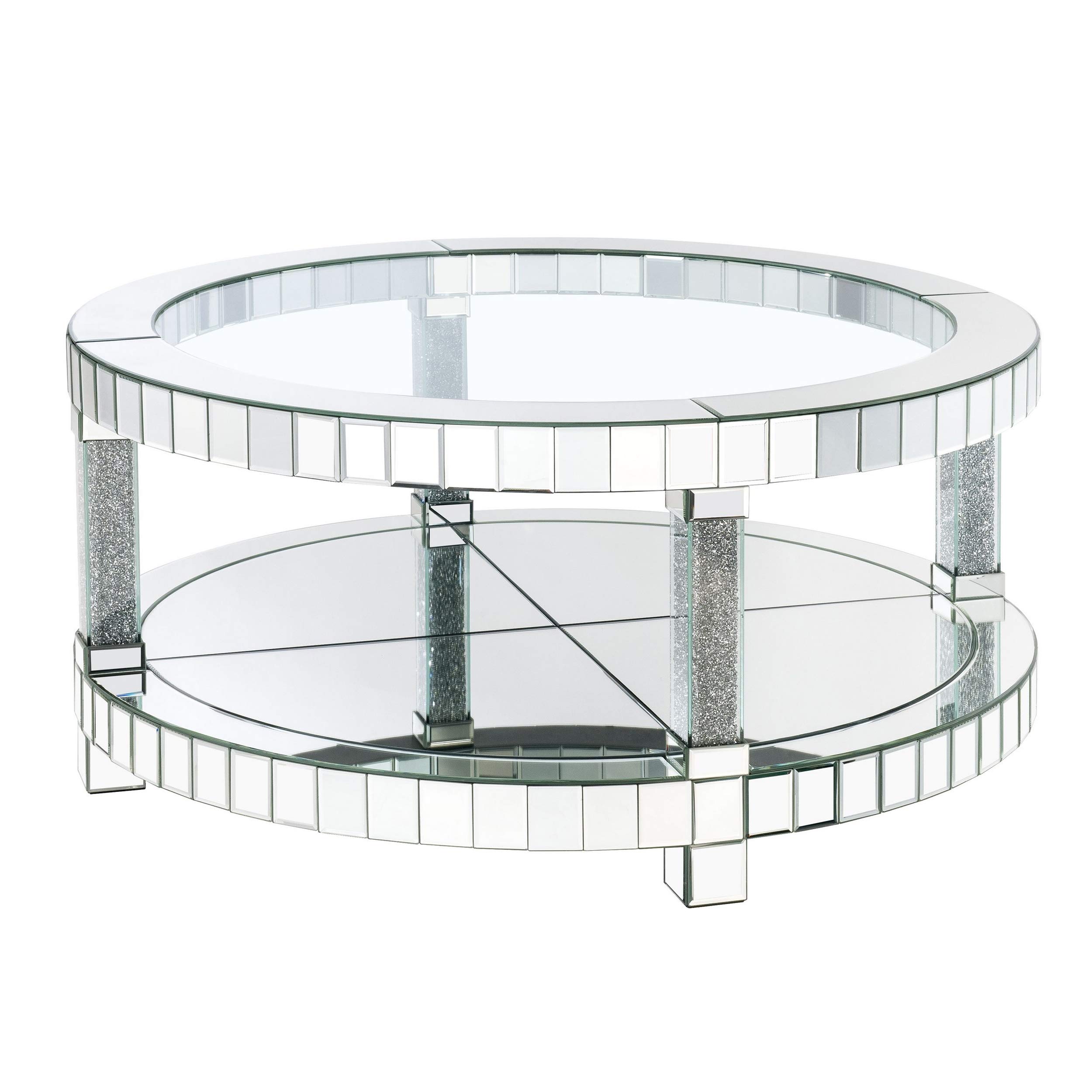 Benjara Silver Round Mirrored Coffee Table with Faux Diamond Accents and Bottom Storage Shelf - Perfect for Living Room, Lounge & Modern Home Decor