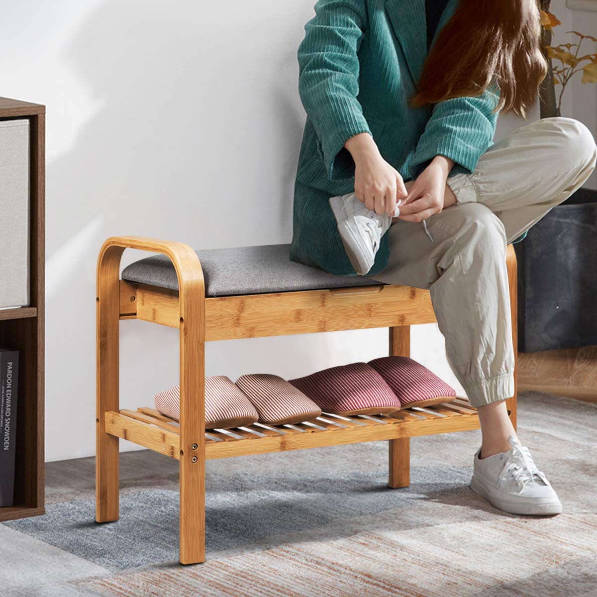 Giantex Bamboo Shoe Rack Bench with Storage & Cushioned Seat - Entryway Shoe Organizer with Shelf, Hallway Storage Bench for Bedroom - Holds 330 lbs - Perfect for Small Spaces, Mudroom Organization & Shoe Storage Solutions
