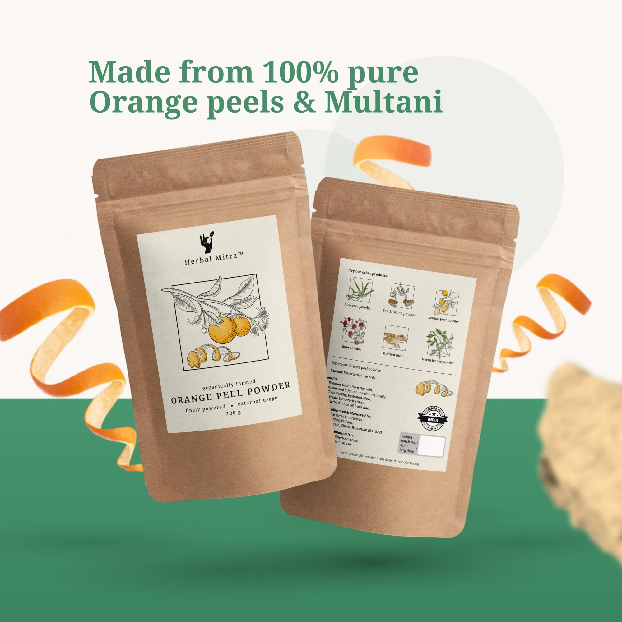 Herbal Mitra Orange Face Pack with Multani Mitti Powder Combo – Tan Removal, Oil Control, Natural Skin Cleansing with Vitamin C, Deep Hydration, Refreshing | Paraben & Sulfate Free – Perfect for Glowing Skin, Daily Skincare Routine & Spa Treatments