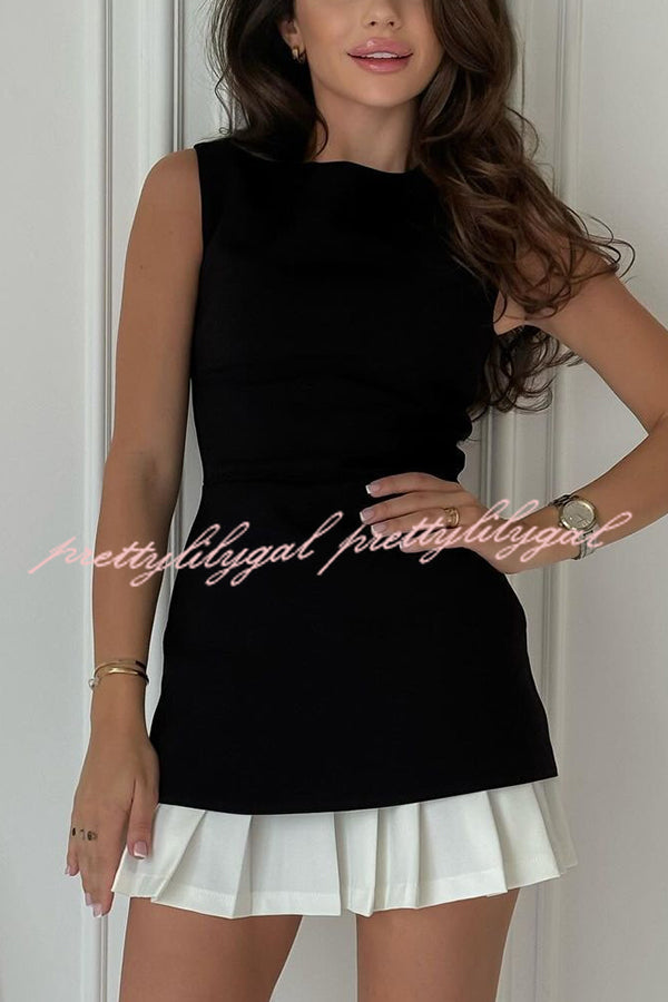 Stylish Round Neck Sleeveless Patchwork Pleated Hem Mini Dress for Women - Summer Casual Party Wear, Beach Vacation Outfit, Date Night Dress
