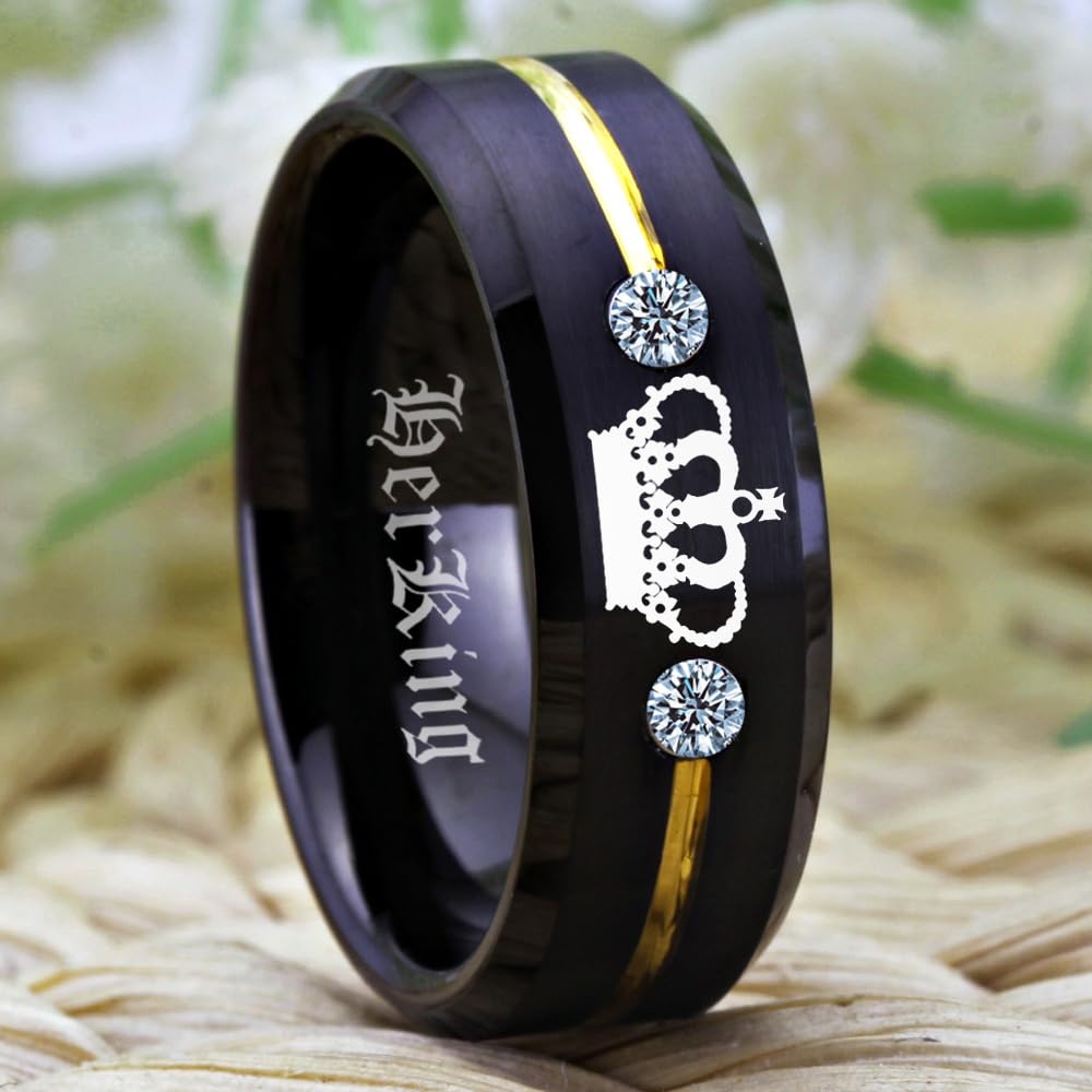Custom Engraved His & Hers Tungsten Carbide Wedding Bands - King and Queen Promise Rings for Couples, Black Matching Set with White CZ Stones - Perfect for Engagements, Anniversaries and Romantic Gifts