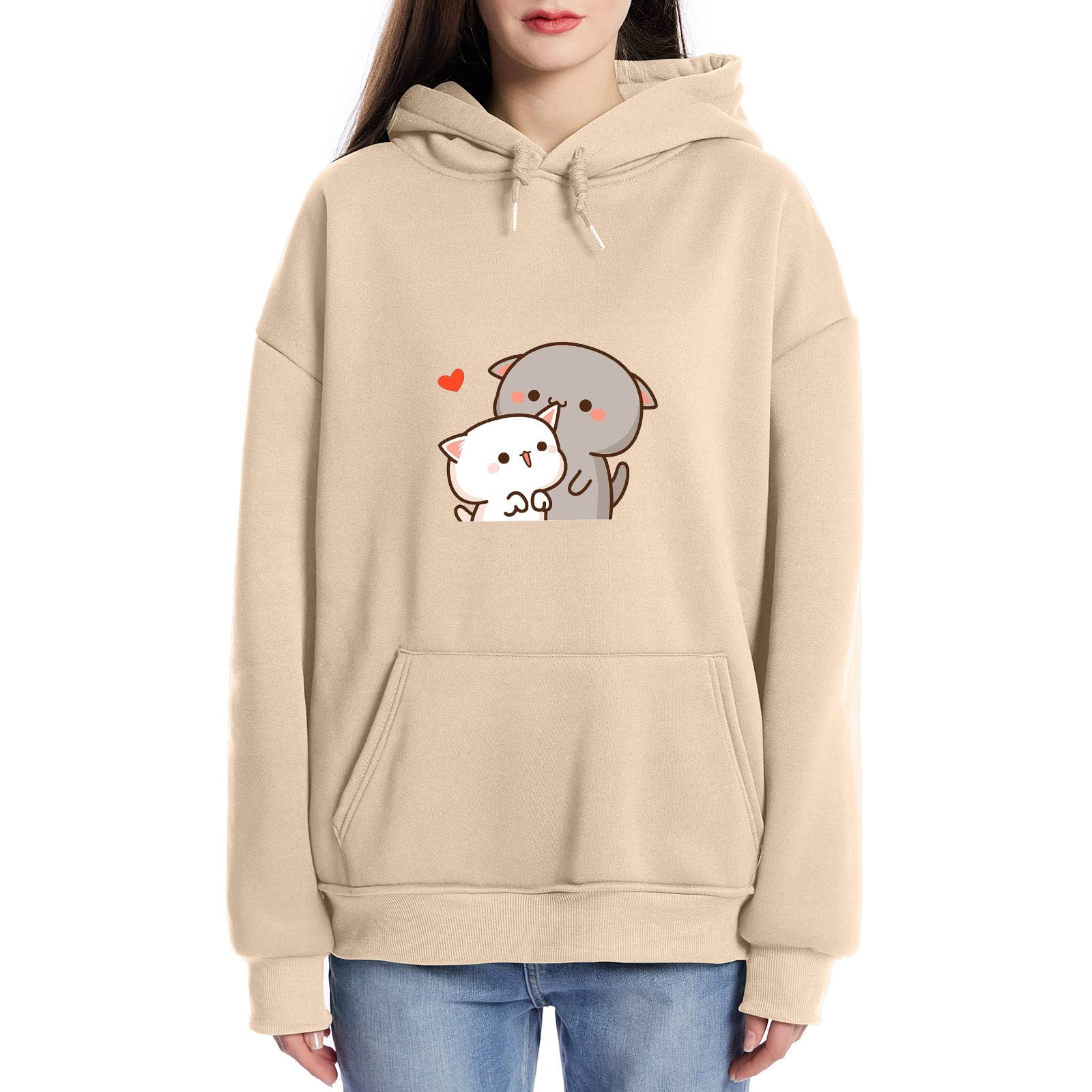 Cute Cat Print Women's Sweatshirt - Kawaii Drawstring Hoodie for Teen Girls with Pocket | Aesthetic Feminine Tops for Casual Wear, School, and Street Fashion
