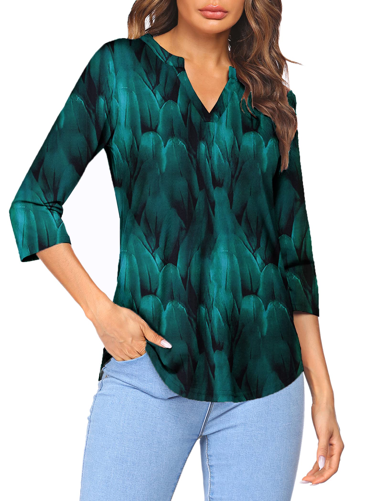 Sherosa Women's 3/4 Sleeve V-Neck Casual Henley Blouse - Comfortable Work Tops for Office, Date Night & Everyday Wear