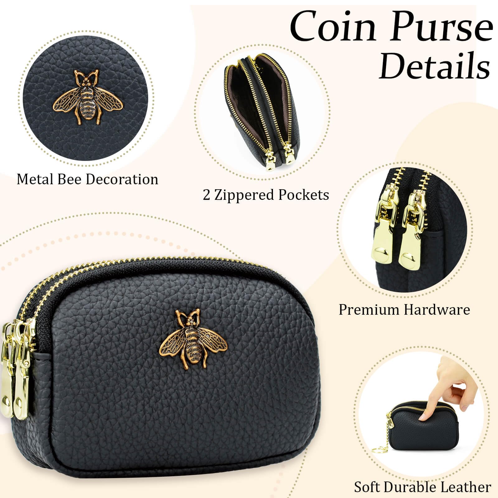 WOZEAH Leather Coin Purse for Women - Small Zipper Wallet with Key Ring for Cash & Cards (Black) - Perfect for Travel & Daily Use
