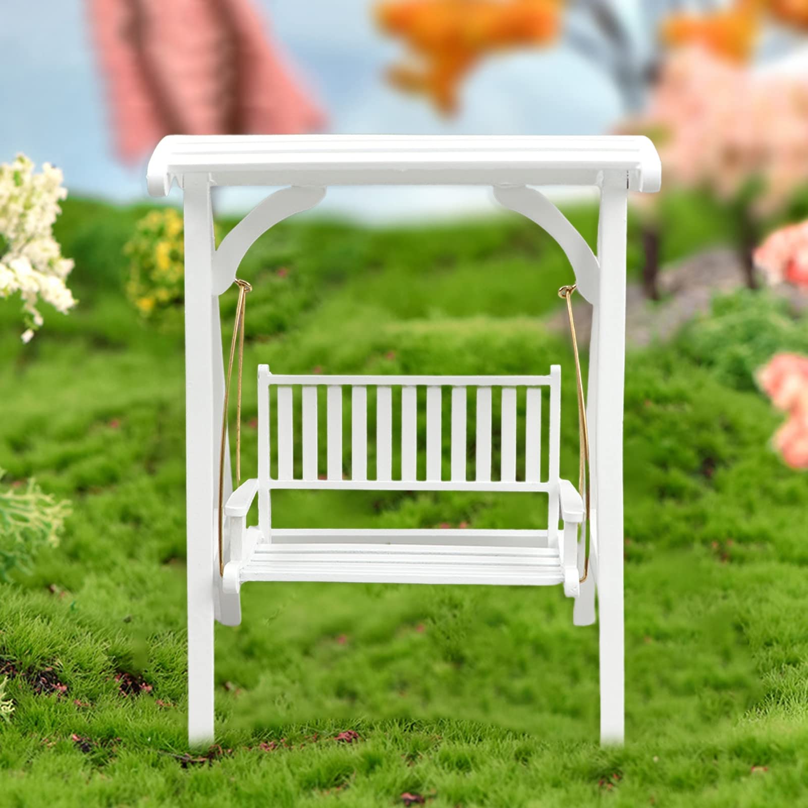 1:12 Scale Miniature Dollhouse Swing Chair - Wooden Dollhouse Furniture, Hammock & Park Decor for 1/12 Doll House - Perfect for Dollhouse Displays, Miniature Gardens & Fairy Garden Scenes (White)