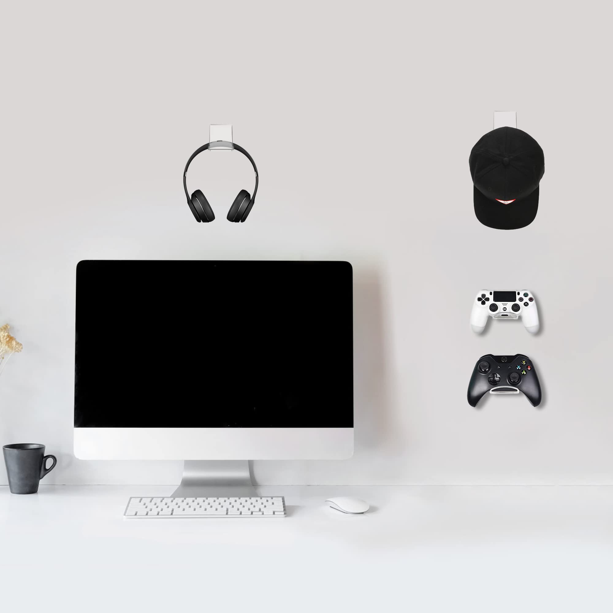 2-Pack Universal Game Controller & Headset Wall Mount Holder - No Screws, Easy Install for PS5, PS4, Xbox - Perfect Gaming Accessory for Organized Gaming Setup (White)