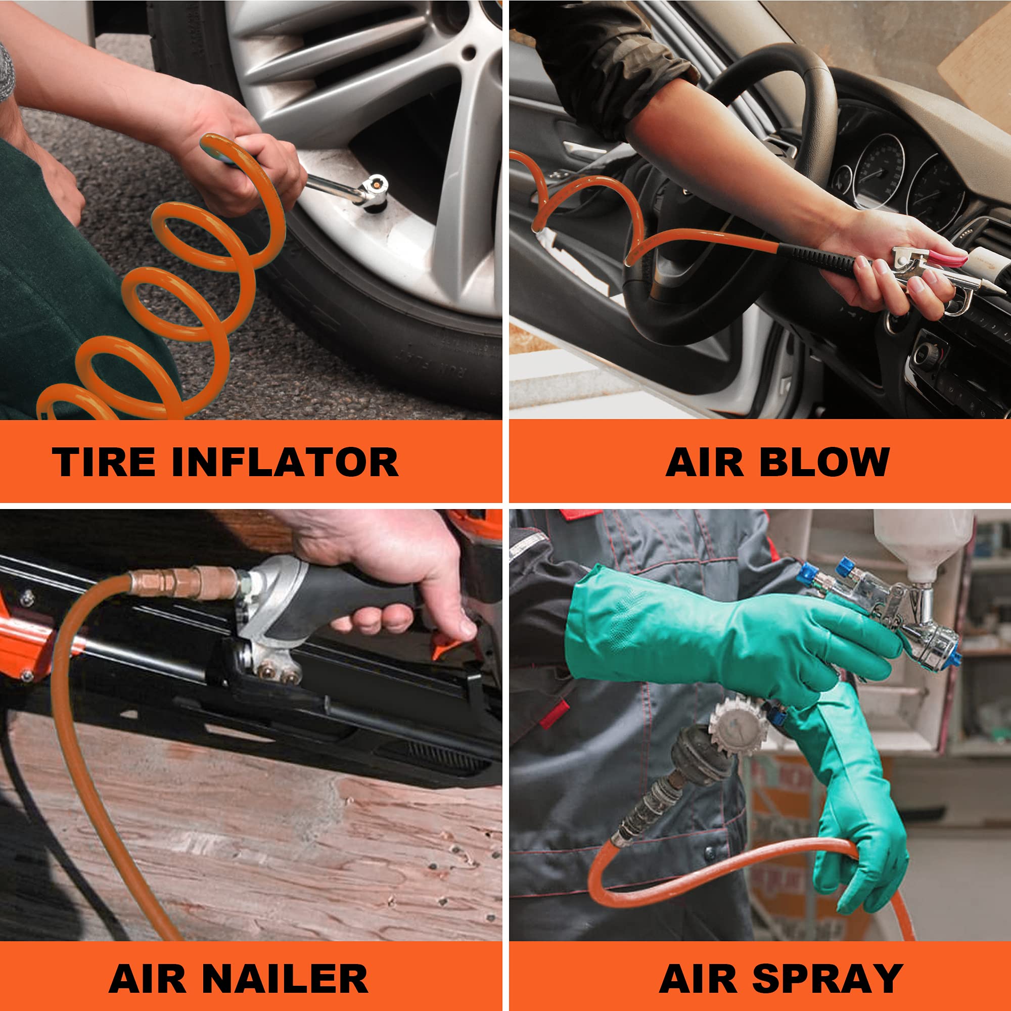 1/4 Inch x 10 Ft PU Air Hose - Polyurethane Recoil Air Compressor Hose with 1/4