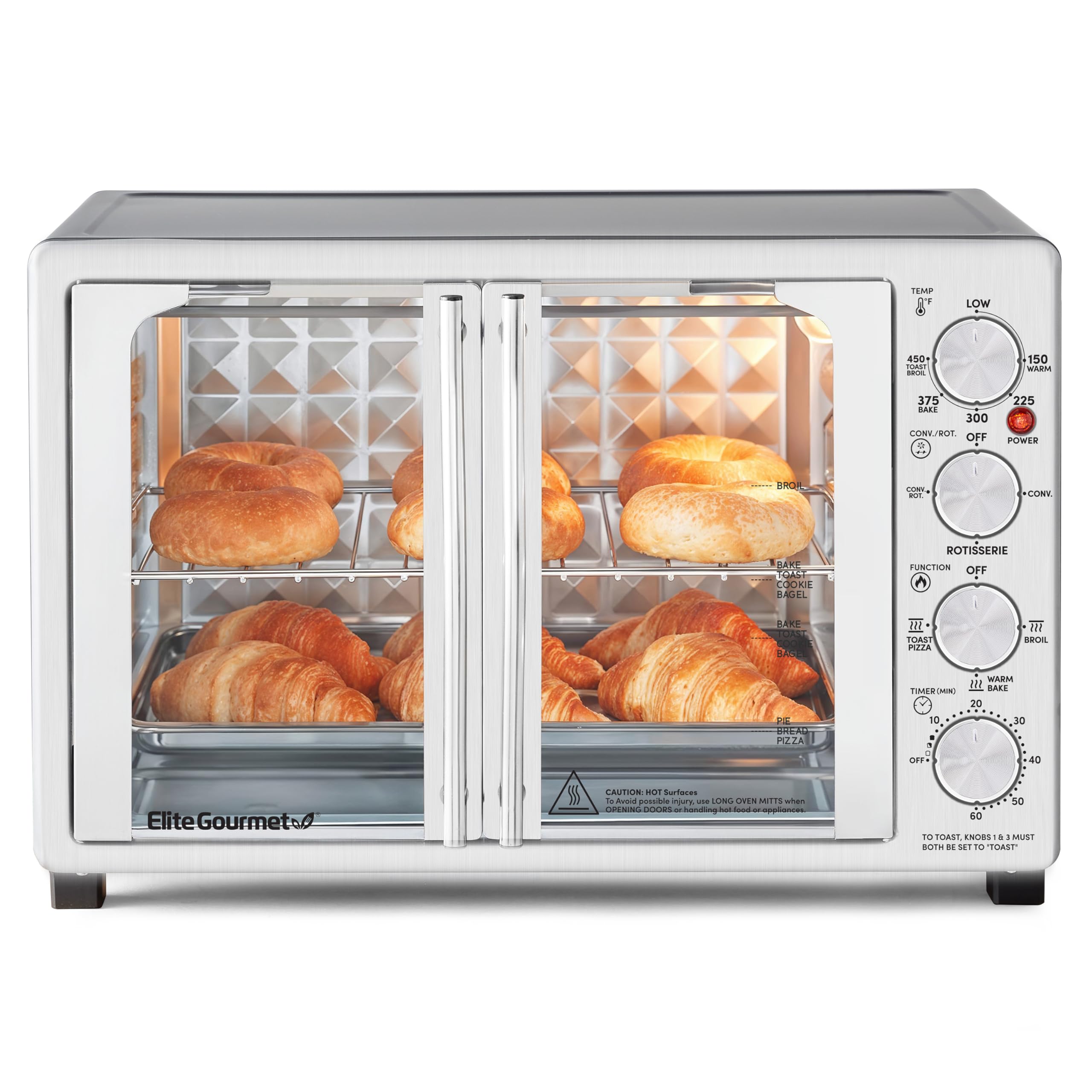 Elite Gourmet ETO4524 45L Countertop Convection Toaster Oven with French Doors - Adjustable Temperature & Timer for Baking, Roasting, Broiling, Toasting - Includes Baking Pan, Rack & Rotisserie - Stainless Steel Design - Perfect for Small Kitchens, Dorms, Apartments & Quick Meal Prep