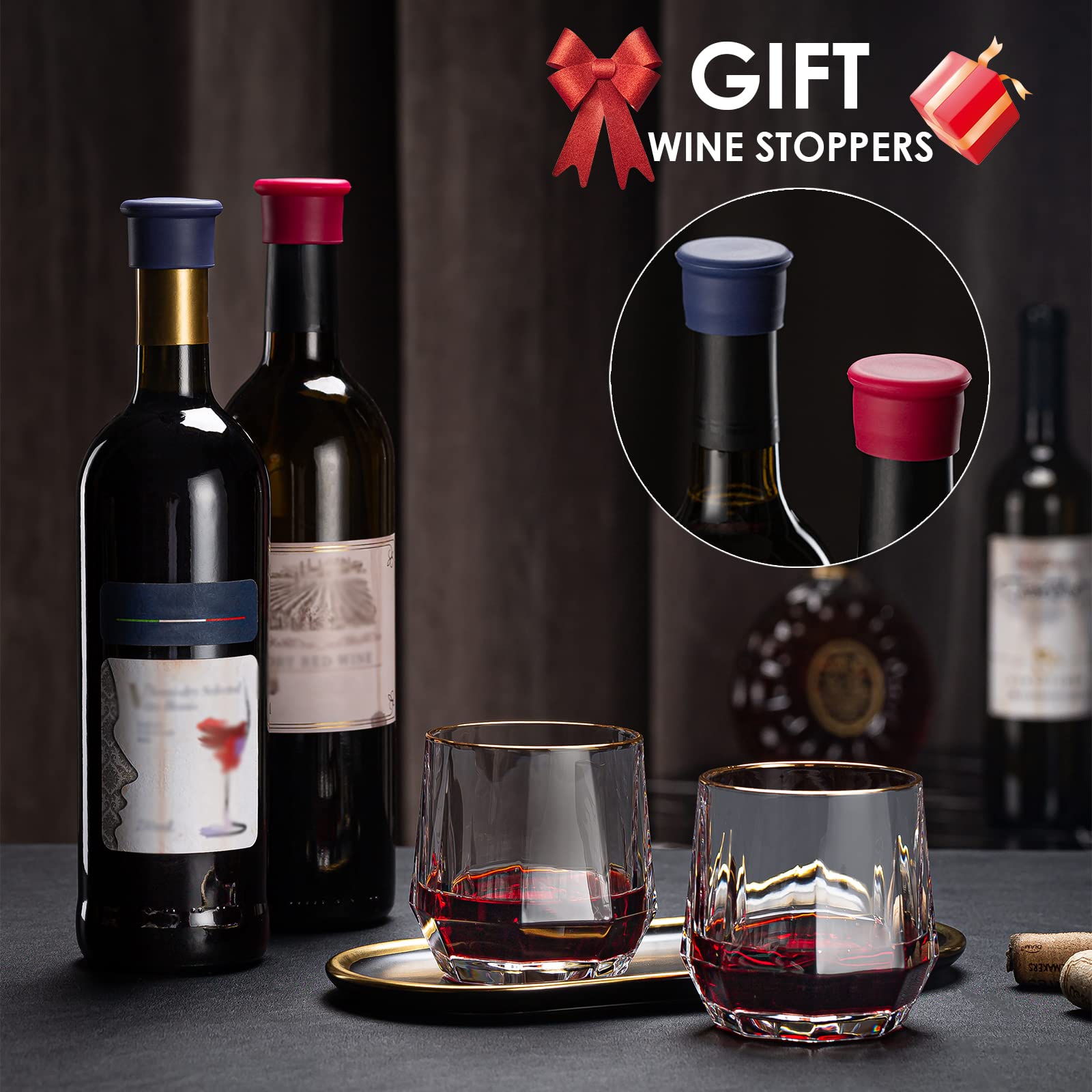 Premium 10 oz Gold Rim Stemless Wine Glasses Set - 6 Pack Hand Blown Crystal Diamond Design with 2 Wine Stoppers - Elegant Glass Tumblers for Wine, Cocktail, Juice, Water - Perfect for Parties, Weddings, Home Bar & Gifts