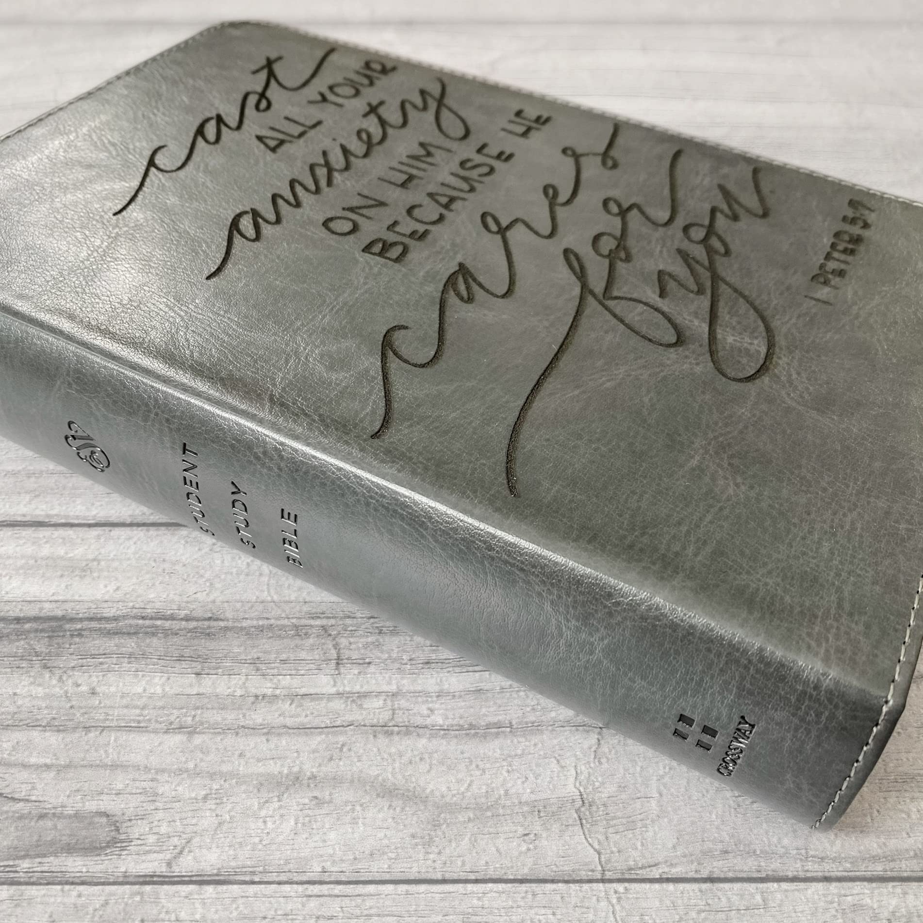 Hand Lettered & Laser Engraved ESV Bible - Gray TruTone Leather Cover Student Study Bible | Personalized Gift with Custom Name Engraving | Perfect for Graduation, Baptism & Daily Devotion
